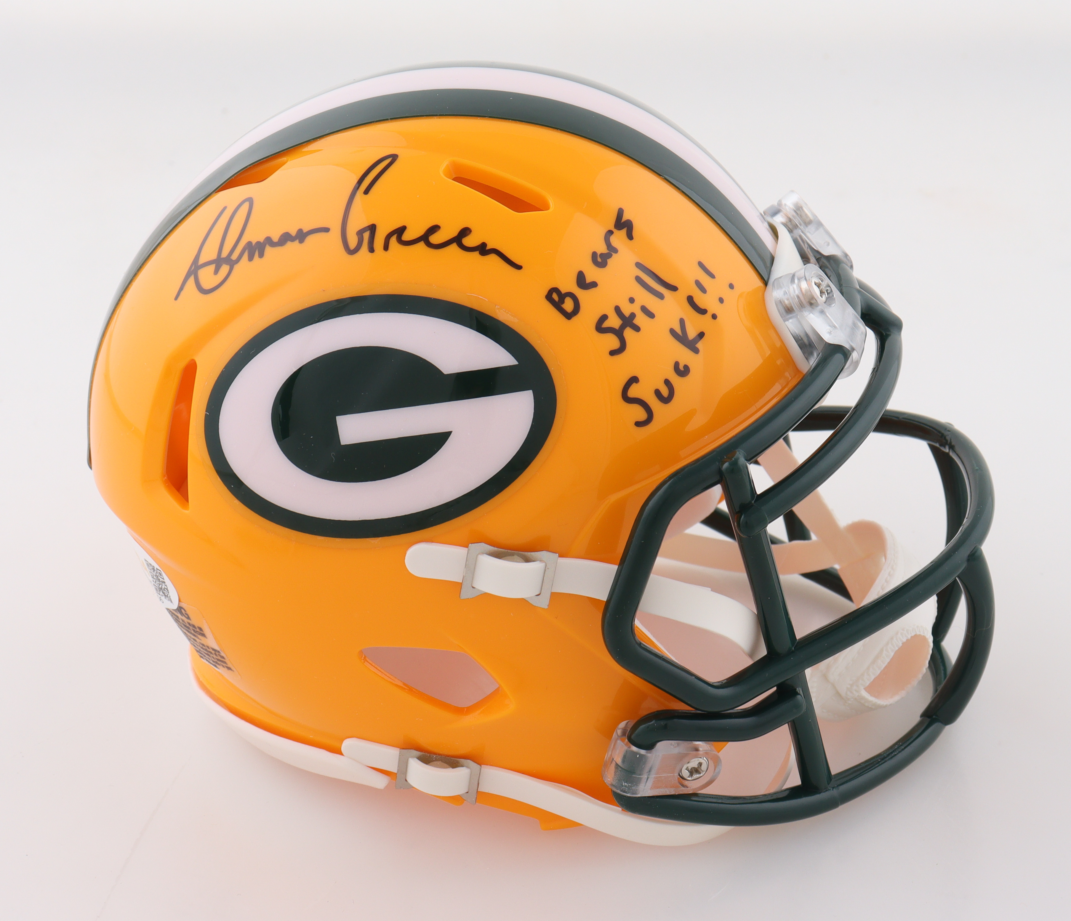 Ahman Green Signed Packers Speed Mini Helmet Inscribed "Bears Still Suck!!" (JSA) at PristineAuction.com Ahman Green Signed Packers Speed Mini Helmet Inscribed "Bears Still Suck!!" (JSA) at PristineAuction.com