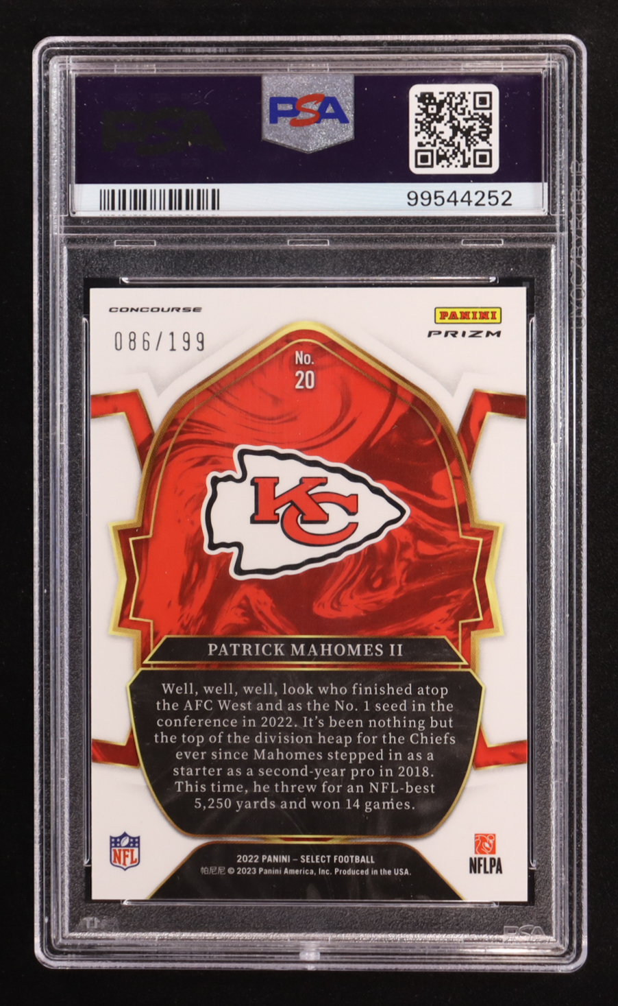 Patrick Mahomes II 2022 Panini Select Blue Prizm Concourse #20 #086/199 (PSA 10) at PristineAuction.com Patrick Mahomes II 2022 Panini Select Blue Prizm Concourse #20 #086/199 (PSA 10) at PristineAuction.com