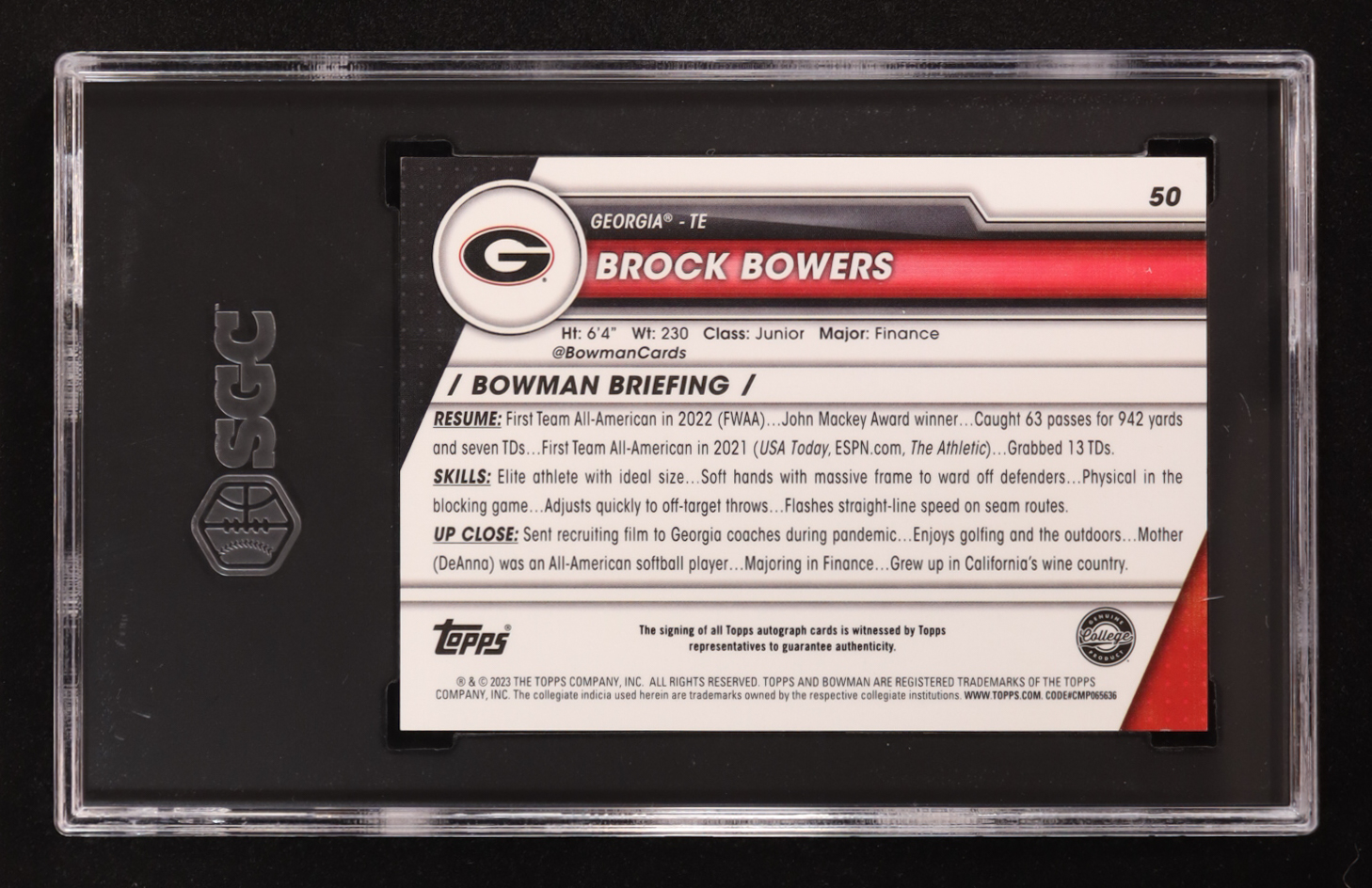 Brock Bowers 2023 Bowman Chrome University Autographs #50 RC (SGC 9.5 | Autograph Graded 10) at PristineAuction.com Brock Bowers 2023 Bowman Chrome University Autographs #50 RC (SGC 9.5 | Autograph Graded 10) at PristineAuction.com