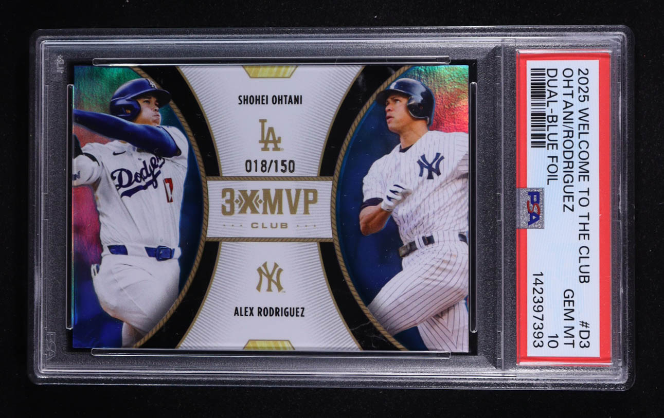 Shohei Ohtani / Alex Rodriguez 2025 Topps Welcome to the Club 3X MVP Dual Blue Foil #D3 #018/150 (PSA 10) at PristineAuction.com Shohei Ohtani / Alex Rodriguez 2025 Topps Welcome to the Club 3X MVP Dual Blue Foil #D3 #018/150 (PSA 10) at PristineAuction.com