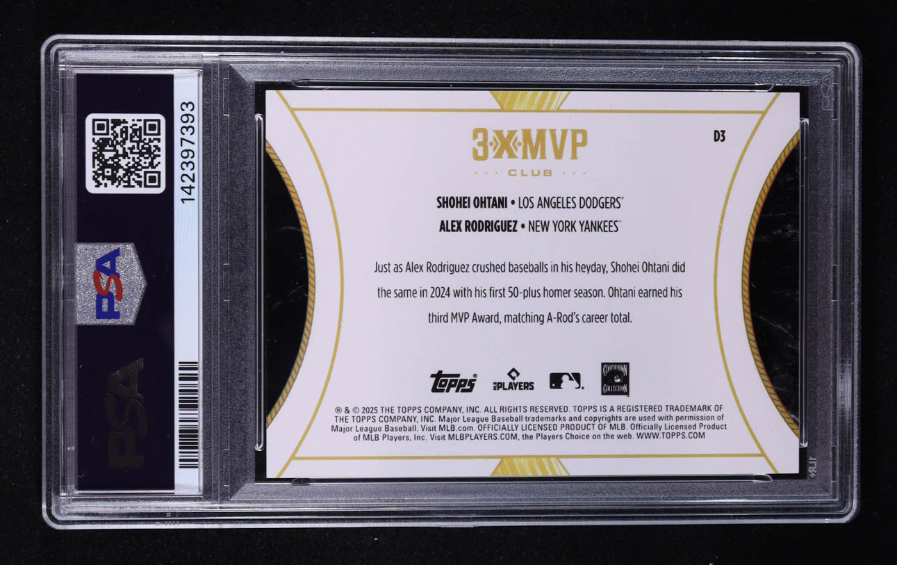 Shohei Ohtani / Alex Rodriguez 2025 Topps Welcome to the Club 3X MVP Dual Blue Foil #D3 #018/150 (PSA 10) at PristineAuction.com Shohei Ohtani / Alex Rodriguez 2025 Topps Welcome to the Club 3X MVP Dual Blue Foil #D3 #018/150 (PSA 10) at PristineAuction.com