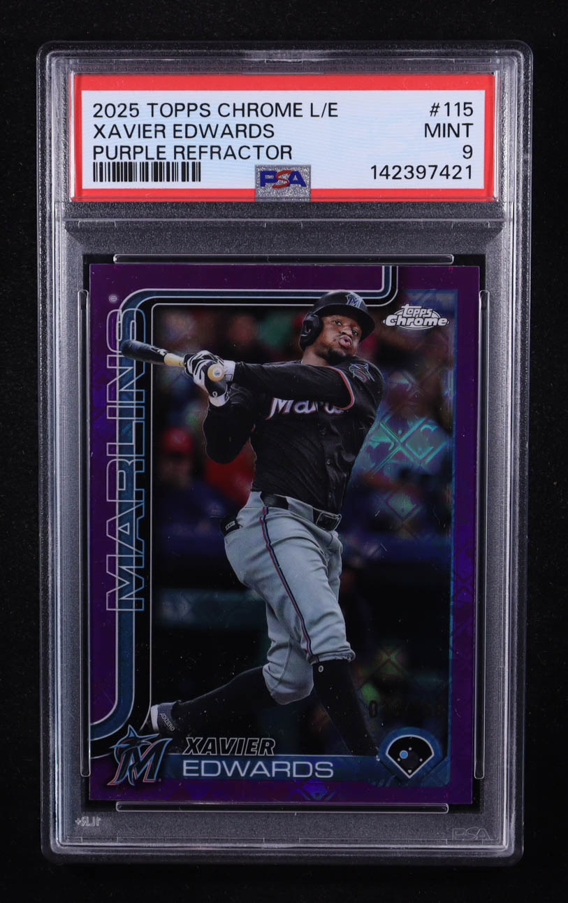 Xavier Edwards 2025 Topps Chrome Logofractor Purple Refractors #115 #034/250 (PSA 9) at PristineAuction.com Xavier Edwards 2025 Topps Chrome Logofractor Purple Refractors #115 #034/250 (PSA 9) at PristineAuction.com