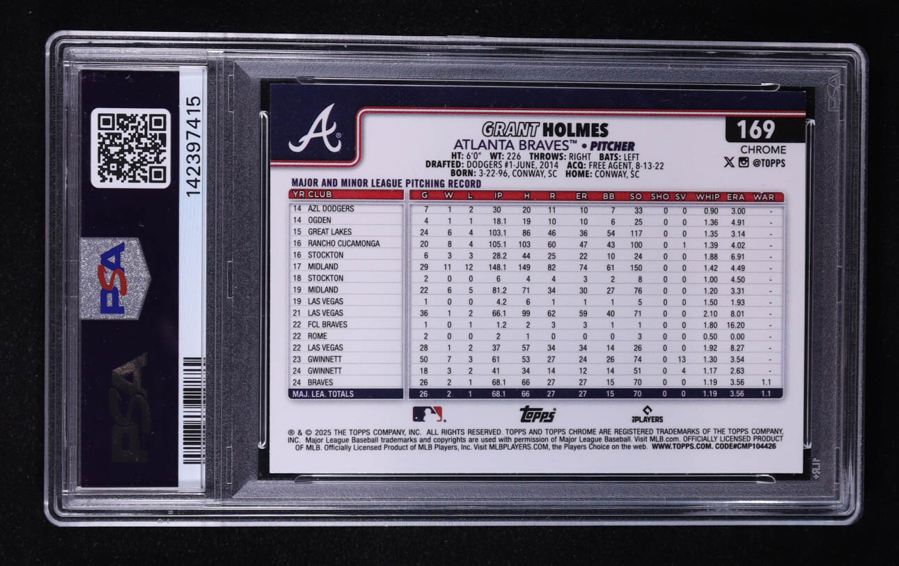 Grant Holmes 2025 Topps Chrome Logofractor Green Refractors #169 #92/99 RC (PSA 9) at PristineAuction.com Grant Holmes 2025 Topps Chrome Logofractor Green Refractors #169 #92/99 RC (PSA 9) at PristineAuction.com