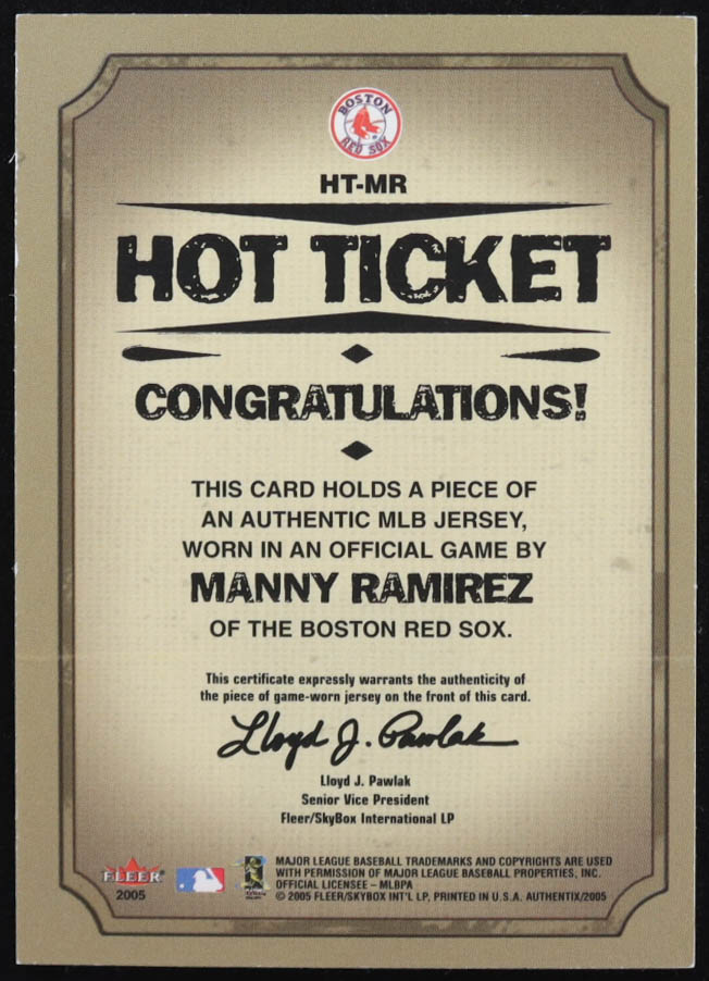 Manny Ramirez 2005 Fleer Authentix Hot Ticket Jersey #MR at PristineAuction.com Manny Ramirez 2005 Fleer Authentix Hot Ticket Jersey #MR at PristineAuction.com