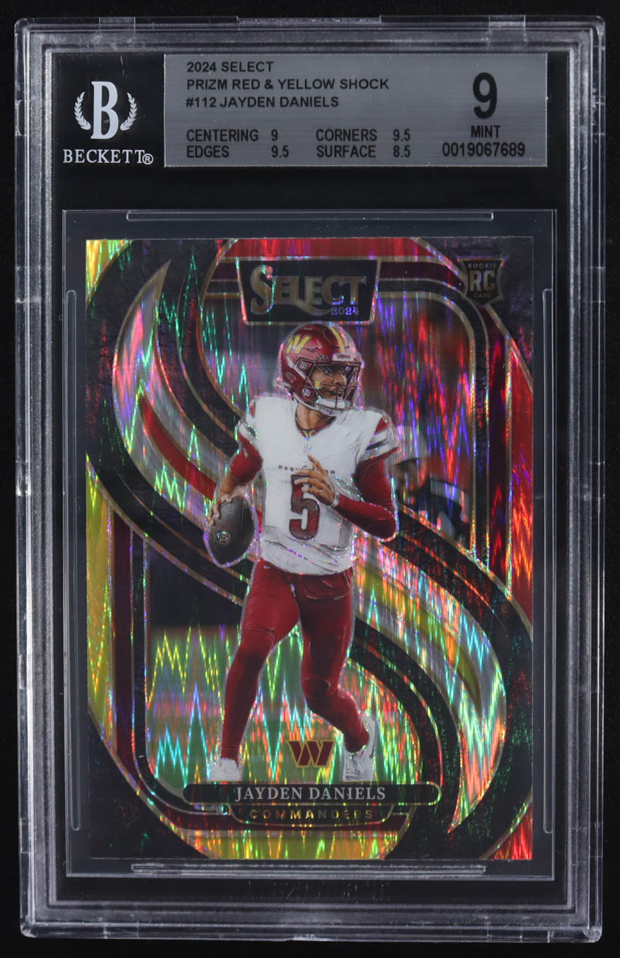 Jayden Daniels 2024 Select Prizm Red and Yellow Shock #112 RC (BGS 9) at PristineAuction.com Jayden Daniels 2024 Select Prizm Red and Yellow Shock #112 RC (BGS 9) at PristineAuction.com