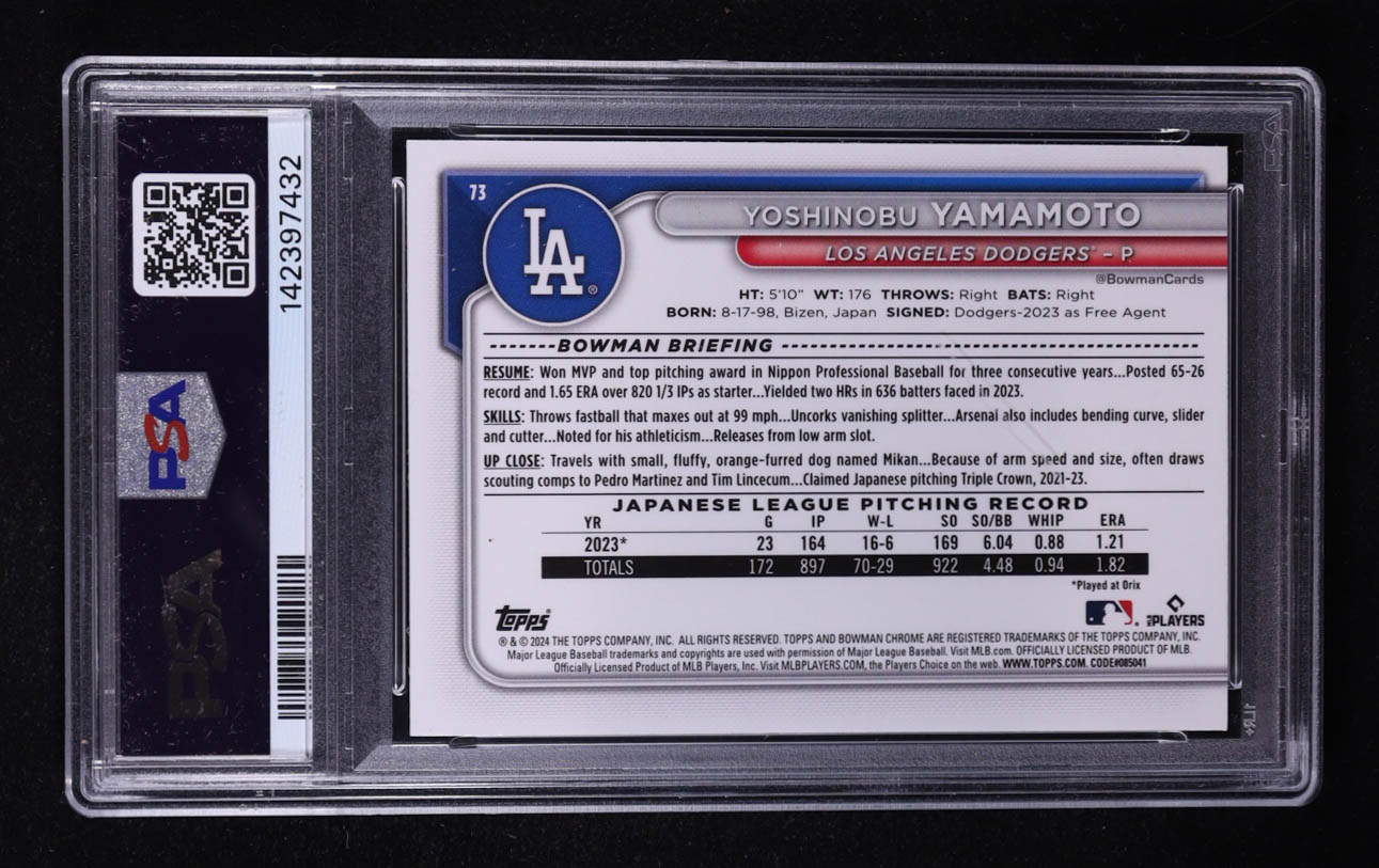 Yoshinobu Yamamoto 2024 Bowman Chrome #73 RC (PSA 9) at PristineAuction.com Yoshinobu Yamamoto 2024 Bowman Chrome #73 RC (PSA 9) at PristineAuction.com
