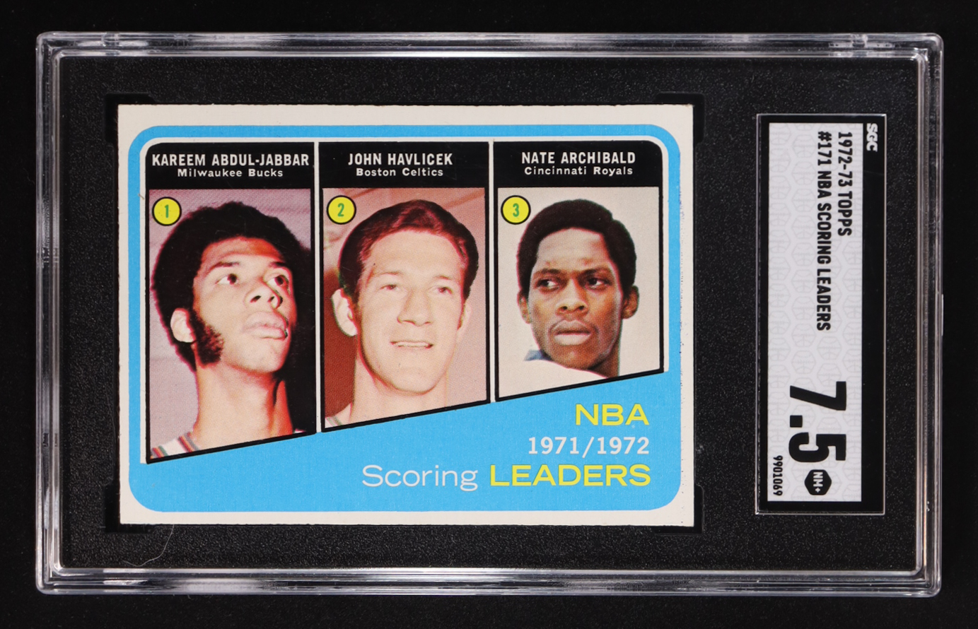 Kareem Abdul-Jabbar / John Havlicek / Nate Archibald 1972-73 Topps #171 LL (SGC 7.5) at PristineAuction.com Kareem Abdul-Jabbar / John Havlicek / Nate Archibald 1972-73 Topps #171 LL (SGC 7.5) at PristineAuction.com