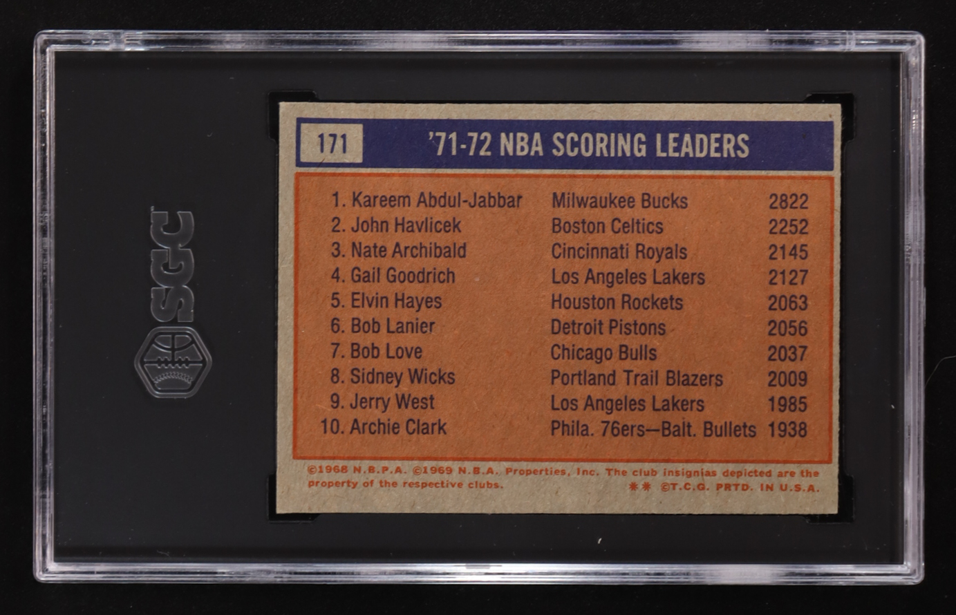 Kareem Abdul-Jabbar / John Havlicek / Nate Archibald 1972-73 Topps #171 LL (SGC 7.5) at PristineAuction.com Kareem Abdul-Jabbar / John Havlicek / Nate Archibald 1972-73 Topps #171 LL (SGC 7.5) at PristineAuction.com