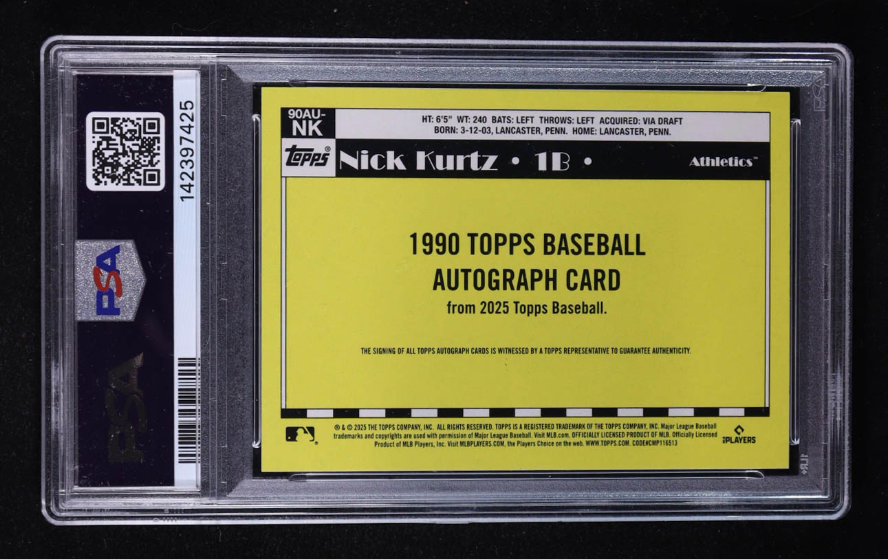 Nick Kurtz 2025 Topps Update '90 Topps Autographs #90AUNK RC (PSA 10) at PristineAuction.com Nick Kurtz 2025 Topps Update '90 Topps Autographs #90AUNK RC (PSA 10) at PristineAuction.com