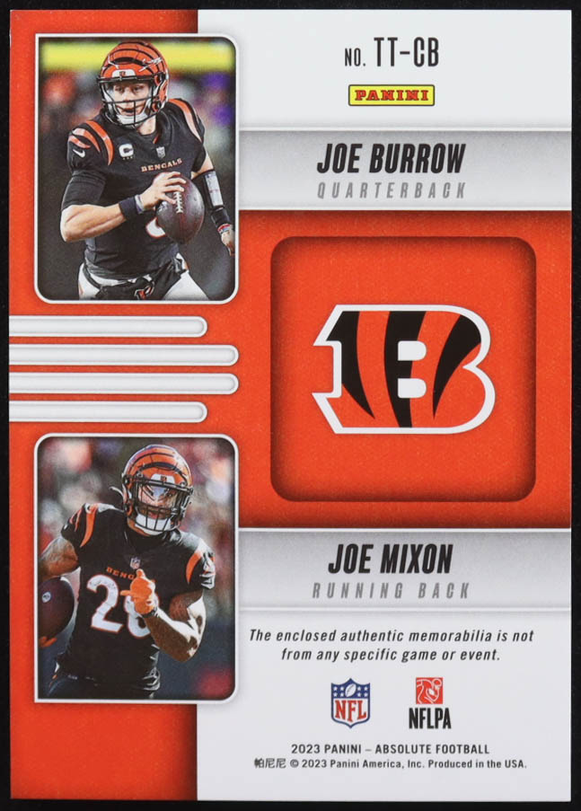 Joe Burrow / Joe Mixon 2023 Absolute Team Tandem Materials #5 #19/199 at PristineAuction.com Joe Burrow / Joe Mixon 2023 Absolute Team Tandem Materials #5 #19/199 at PristineAuction.com