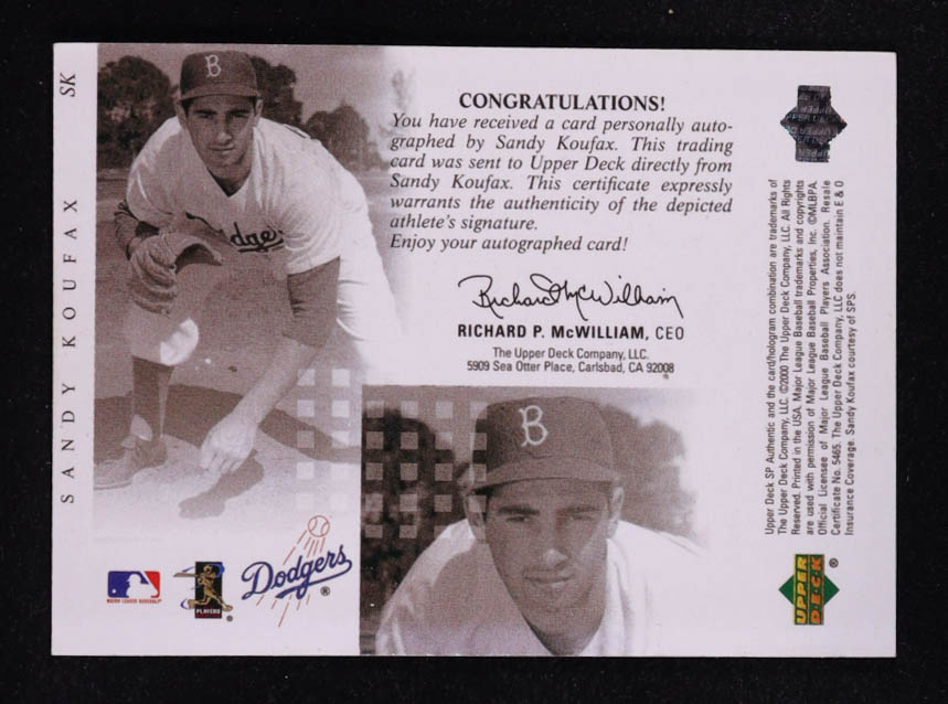 Sandy Koufax 2000 SP Authentic Chirography #SK at PristineAuction.com Sandy Koufax 2000 SP Authentic Chirography #SK at PristineAuction.com