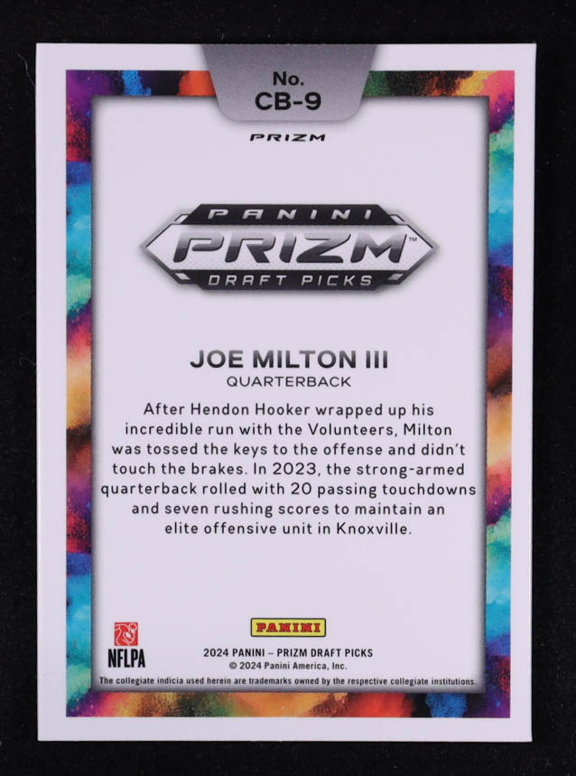 Joe Milton III 2024 Panini Prizm Draft Picks Black Color Blast #9 RC at PristineAuction.com Joe Milton III 2024 Panini Prizm Draft Picks Black Color Blast #9 RC at PristineAuction.com