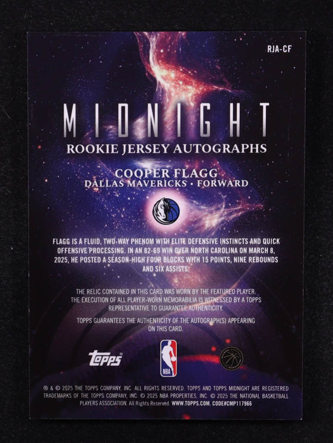 Cooper Flagg 2025-26 Topps Midnight Rookie Jersey Autographs #RJACF RC at PristineAuction.com Cooper Flagg 2025-26 Topps Midnight Rookie Jersey Autographs #RJACF RC at PristineAuction.com