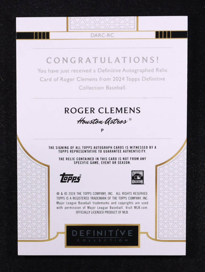 Roger Clemens 2024 Topps Definitive Collection Definitive Autograph Relics #DARCRC #38/40 at PristineAuction.com Roger Clemens 2024 Topps Definitive Collection Definitive Autograph Relics #DARCRC #38/40 at PristineAuction.com