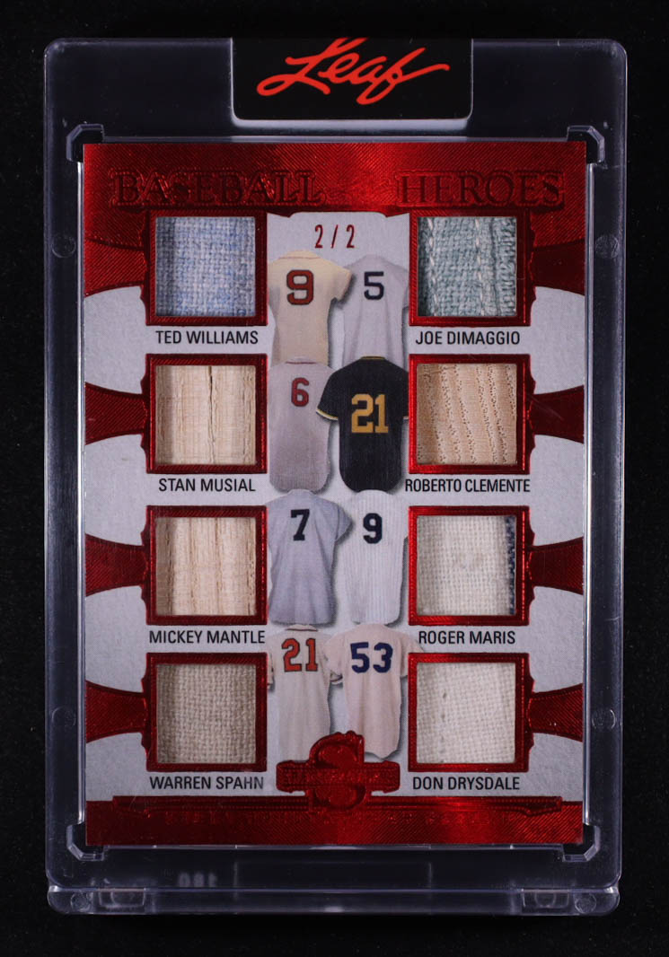 Ted Williams / Joe DiMaggio / Stan Musial / Roberto Clemente / Mickey Mantle / Roger Maris / Warren Spahn / Don Drysdale 2025 Leaf Spectacular Baseball Heroes Spectrum Red #BH7 #2/2 at PristineAuction.com Ted Williams / Joe DiMaggio / Stan Musial / Roberto Clemente / Mickey Mantle / Roger Maris / Warren Spahn / Don Drysdale 2025 Leaf Spectacular Baseball Heroes Spectrum Red #BH7 #2/2 at PristineAuction.com