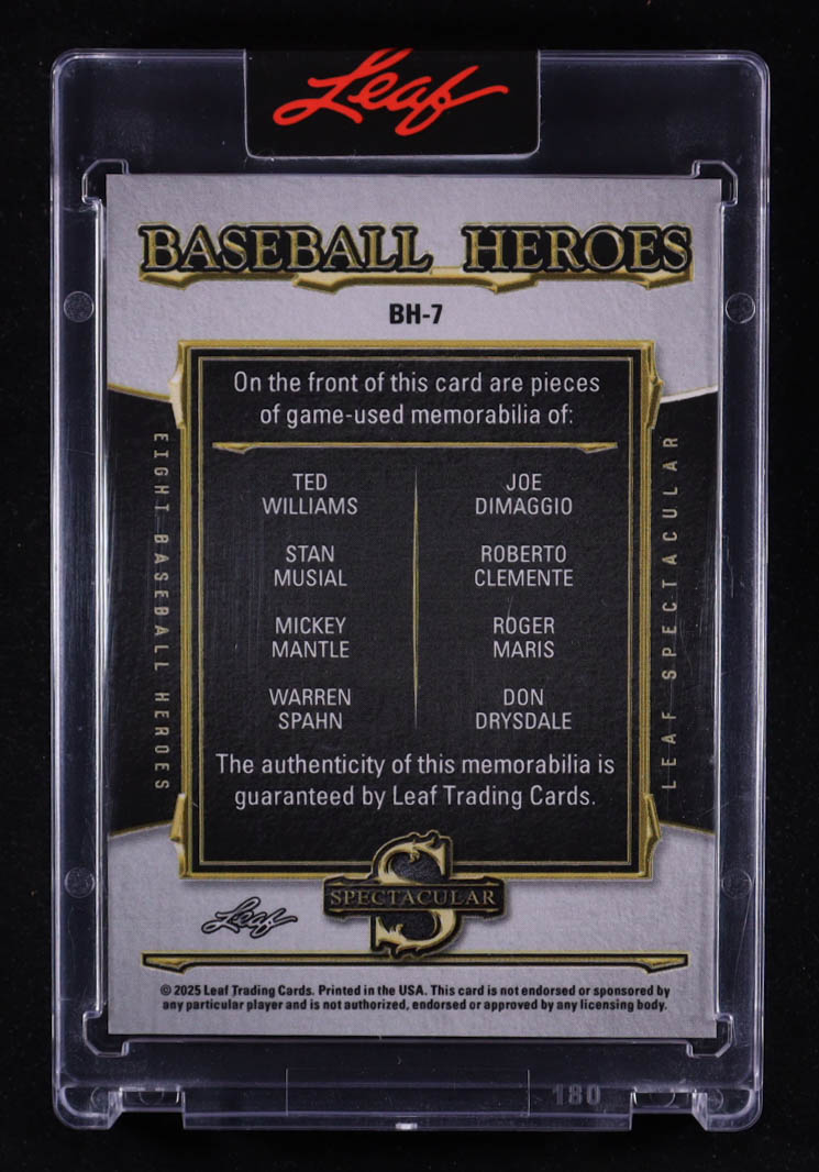 Ted Williams / Joe DiMaggio / Stan Musial / Roberto Clemente / Mickey Mantle / Roger Maris / Warren Spahn / Don Drysdale 2025 Leaf Spectacular Baseball Heroes Spectrum Red #BH7 #2/2 at PristineAuction.com Ted Williams / Joe DiMaggio / Stan Musial / Roberto Clemente / Mickey Mantle / Roger Maris / Warren Spahn / Don Drysdale 2025 Leaf Spectacular Baseball Heroes Spectrum Red #BH7 #2/2 at PristineAuction.com