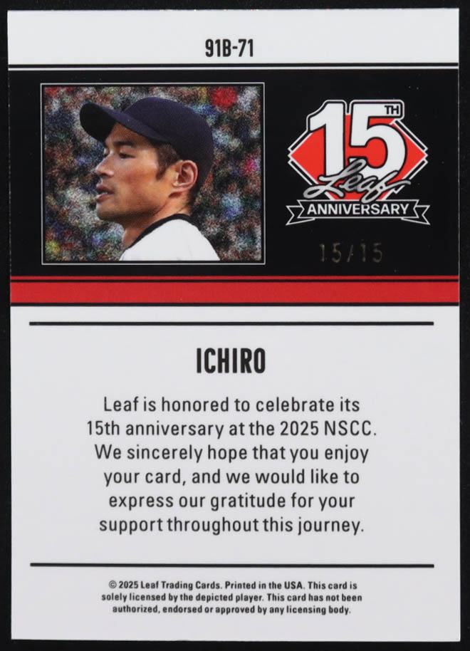 Ichiro 2025 Leaf 15th Anniversary '91 Leaf Shimmer Silver #91B71 #15/15 at PristineAuction.com Ichiro 2025 Leaf 15th Anniversary '91 Leaf Shimmer Silver #91B71 #15/15 at PristineAuction.com