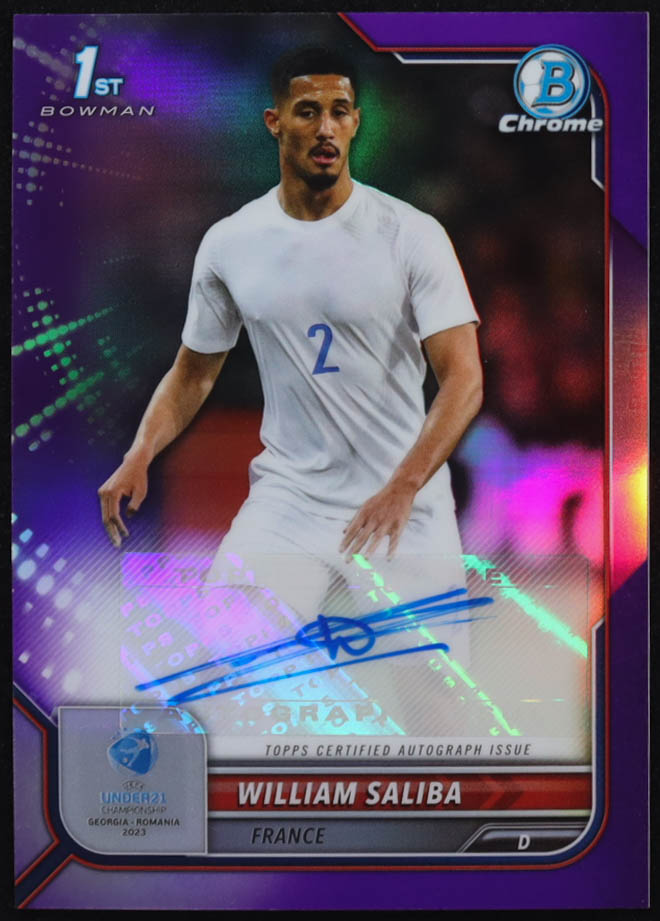 William Saliba 2022 Bowman Chrome Road to UEFA U21 Euro '23 Autographs Purple Refractors #CAWS #158/250 at PristineAuction.com William Saliba 2022 Bowman Chrome Road to UEFA U21 Euro '23 Autographs Purple Refractors #CAWS #158/250 at PristineAuction.com