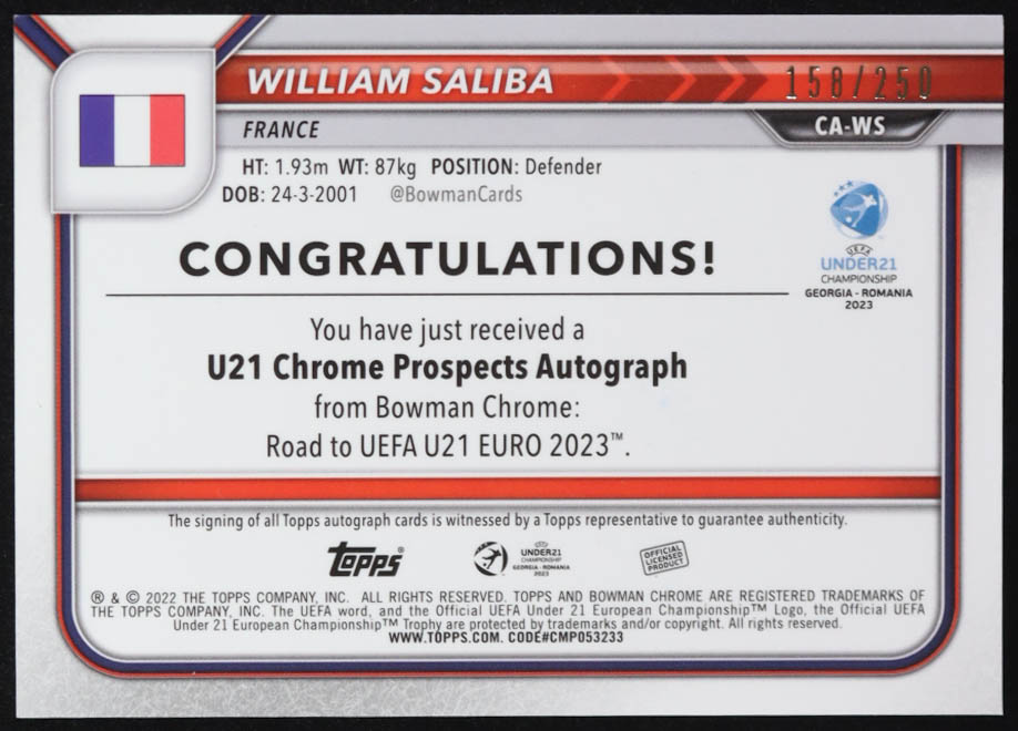 William Saliba 2022 Bowman Chrome Road to UEFA U21 Euro '23 Autographs Purple Refractors #CAWS #158/250 at PristineAuction.com William Saliba 2022 Bowman Chrome Road to UEFA U21 Euro '23 Autographs Purple Refractors #CAWS #158/250 at PristineAuction.com