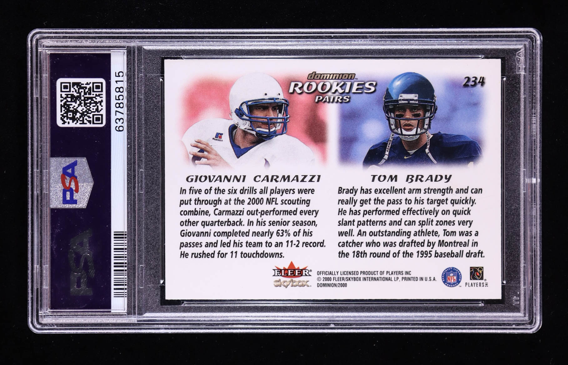 Tom Brady / Giovanni Carmazzi 2000 SkyBox Dominion #234 RC (PSA 8) at PristineAuction.com Tom Brady / Giovanni Carmazzi 2000 SkyBox Dominion #234 RC (PSA 8) at PristineAuction.com