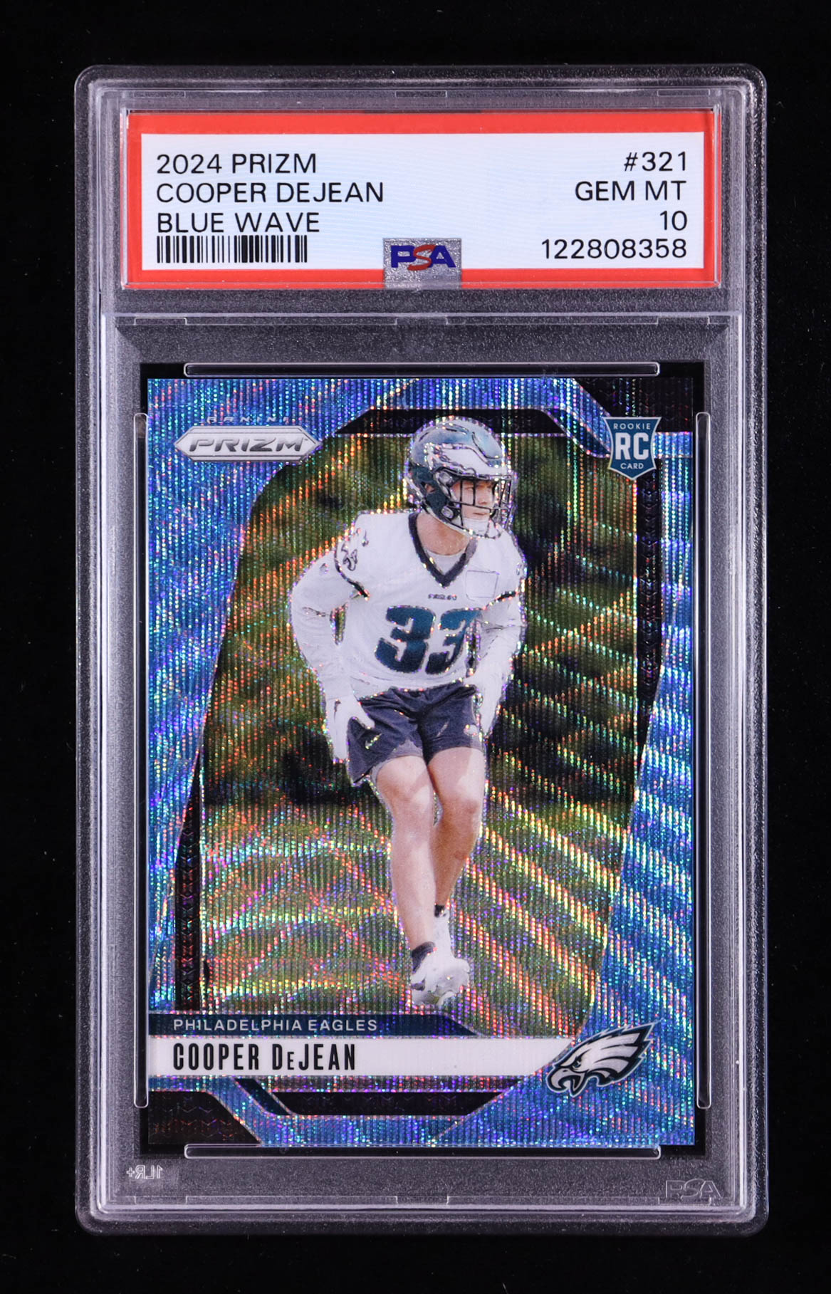 Cooper DeJean 2024 Panini Prizm Prizms Blue Wave #321 #178/230 RC (PSA 10) at PristineAuction.com Cooper DeJean 2024 Panini Prizm Prizms Blue Wave #321 #178/230 RC (PSA 10) at PristineAuction.com