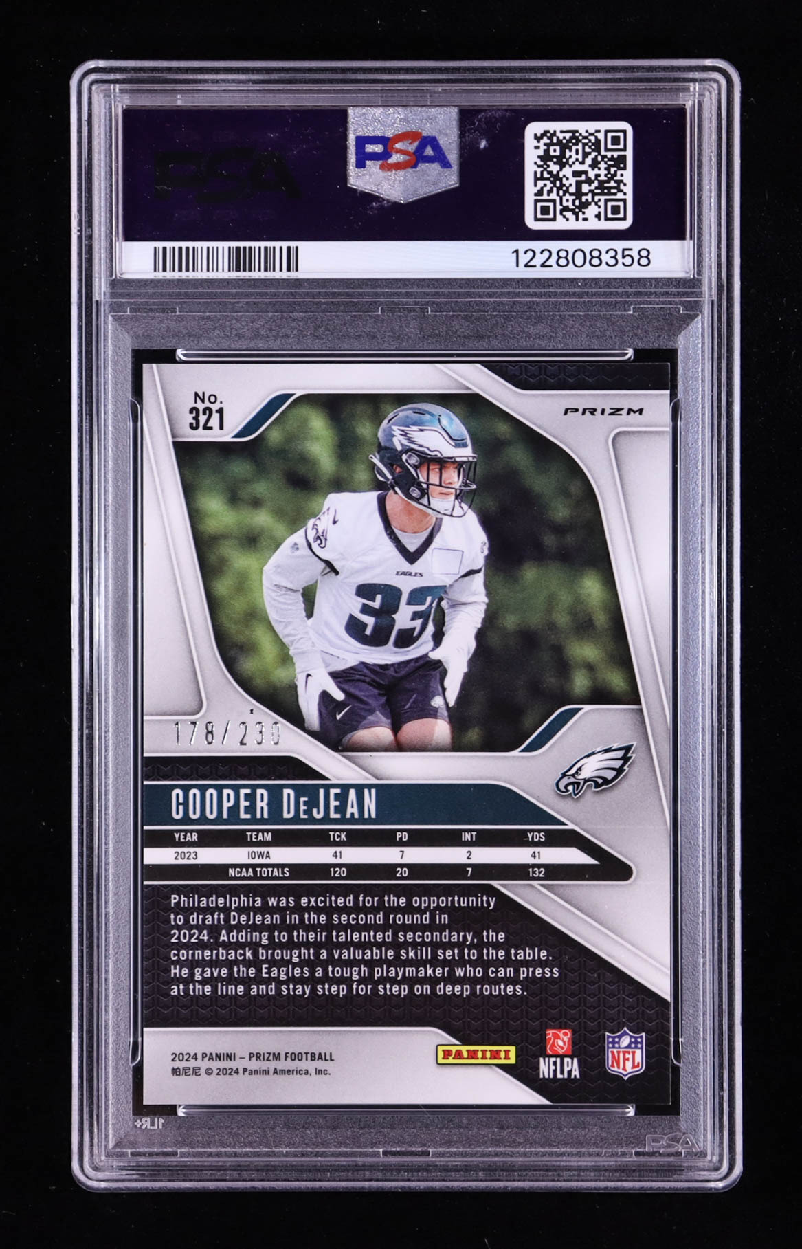 Cooper DeJean 2024 Panini Prizm Prizms Blue Wave #321 #178/230 RC (PSA 10) at PristineAuction.com Cooper DeJean 2024 Panini Prizm Prizms Blue Wave #321 #178/230 RC (PSA 10) at PristineAuction.com