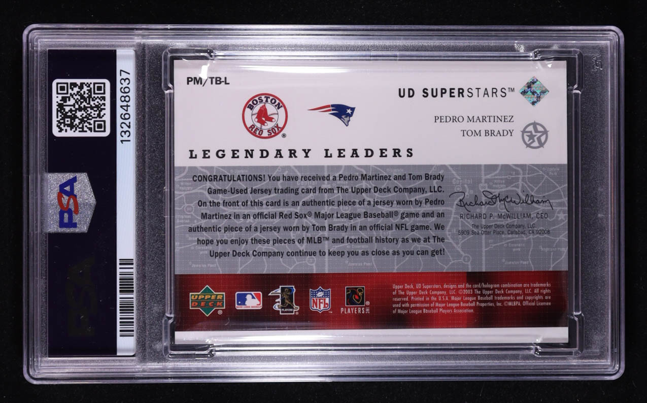 Pedro Martinez / Tom Brady 2002-03 UD SuperStars Legendary Leaders Dual Jersey #PMTB (PSA 9) at PristineAuction.com Pedro Martinez / Tom Brady 2002-03 UD SuperStars Legendary Leaders Dual Jersey #PMTB (PSA 9) at PristineAuction.com