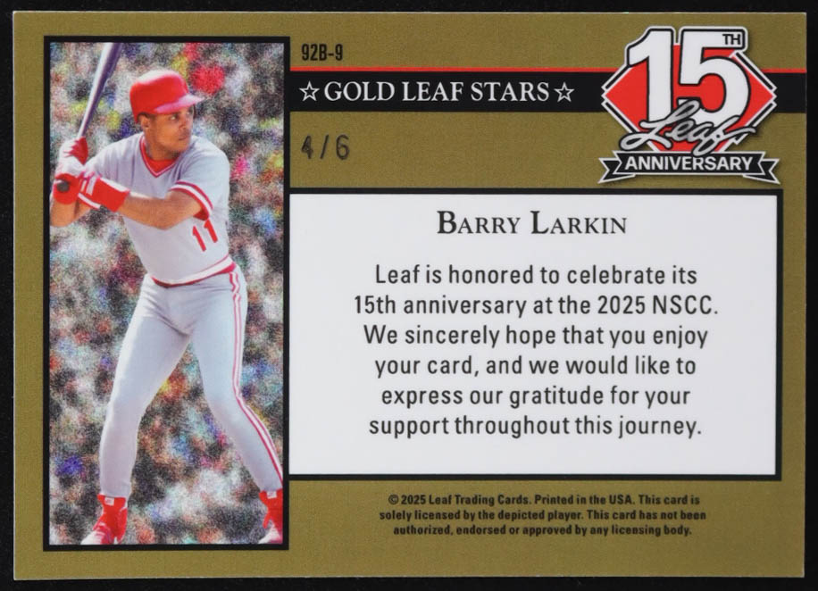 Barry Larkin 2025 Leaf 15th Anniversary '92 Leaf Sparkle Green #92B9 #4/6 at PristineAuction.com Barry Larkin 2025 Leaf 15th Anniversary '92 Leaf Sparkle Green #92B9 #4/6 at PristineAuction.com