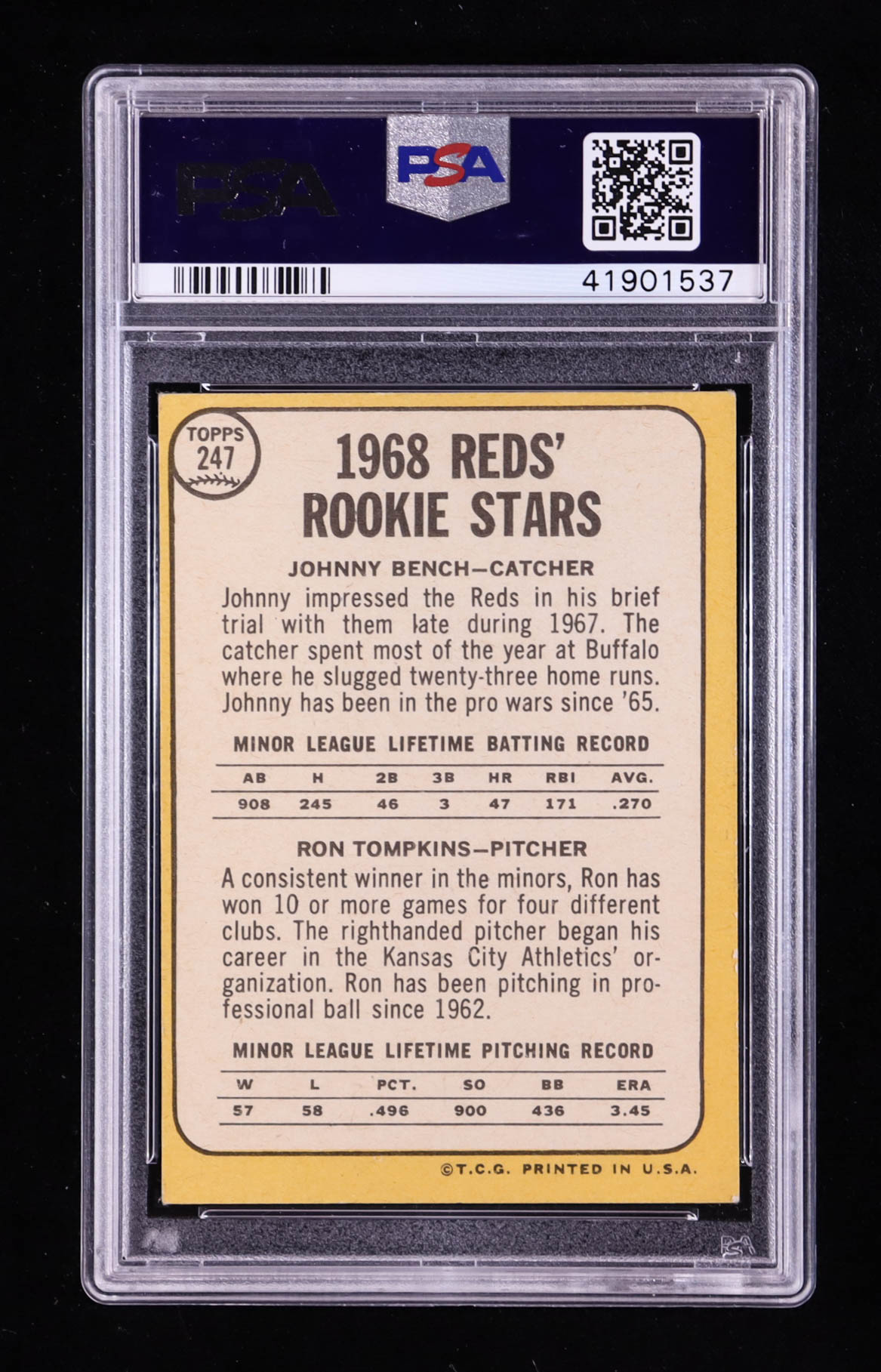 Johnny Bench RC / Ron Tompkins 1968 Topps #247A Rookie Stars (PSA 4) at PristineAuction.com Johnny Bench RC / Ron Tompkins 1968 Topps #247A Rookie Stars (PSA 4) at PristineAuction.com