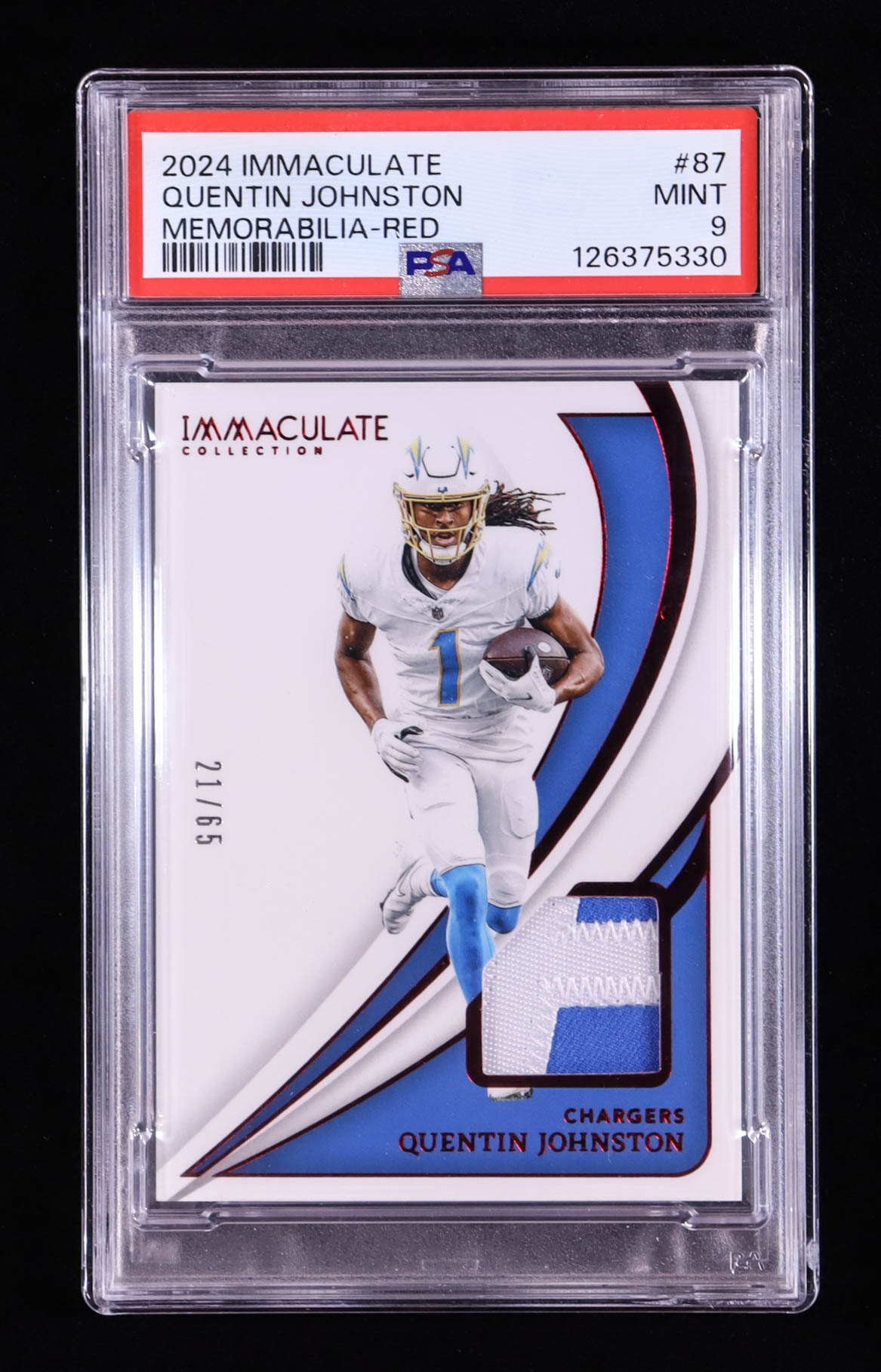 Quentin Johnston 2024 Immaculate Collection Red #87 Jersey #21/65 (PSA 9) at PristineAuction.com Quentin Johnston 2024 Immaculate Collection Red #87 Jersey #21/65 (PSA 9) at PristineAuction.com
