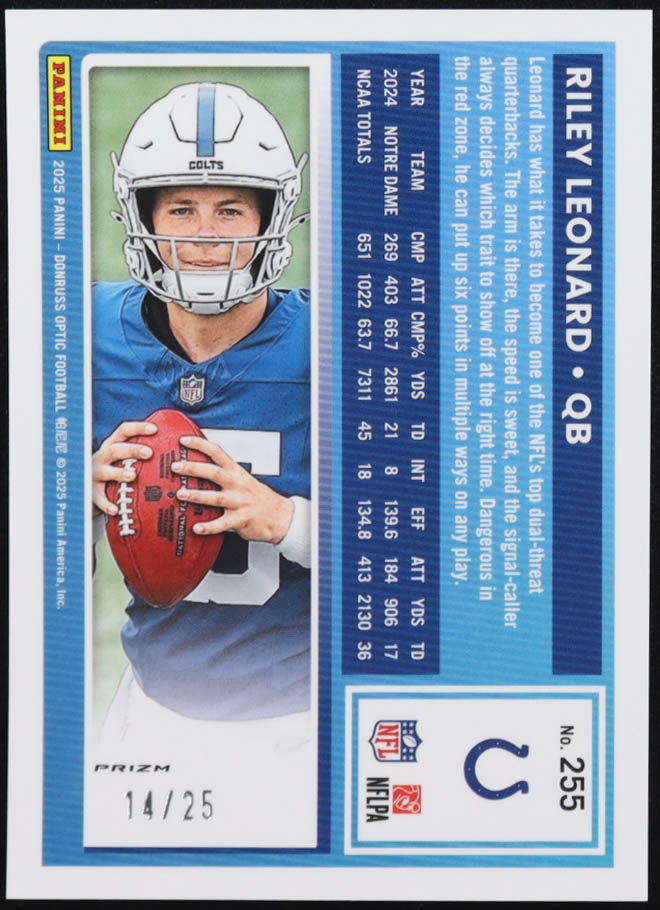 Riley Leonard 2025 Donruss Optic Black Pandora #255 RR RC #14/25 at PristineAuction.com Riley Leonard 2025 Donruss Optic Black Pandora #255 RR RC #14/25 at PristineAuction.com