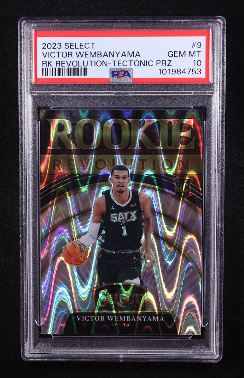 Victor Wembanyama 2023-24 Select Rookie Revolution Tectonic Prizms #9 RC (PSA 10) at PristineAuction.com Victor Wembanyama 2023-24 Select Rookie Revolution Tectonic Prizms #9 RC (PSA 10) at PristineAuction.com