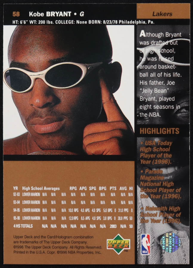 Kobe Bryant 1996-97 Upper Deck #58 RC at PristineAuction.com Kobe Bryant 1996-97 Upper Deck #58 RC at PristineAuction.com