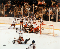 1980 Team USA "Miracle On Ice" Hockey 20x24 Poster Team-Signed by (19) with Steve Janaszak, Bill Baker, Dave Christian, Ken Morrow, Jack O'Callahan Inscribed "Do You Believe in Miracles?" (Beckett) at PristineAuction.com