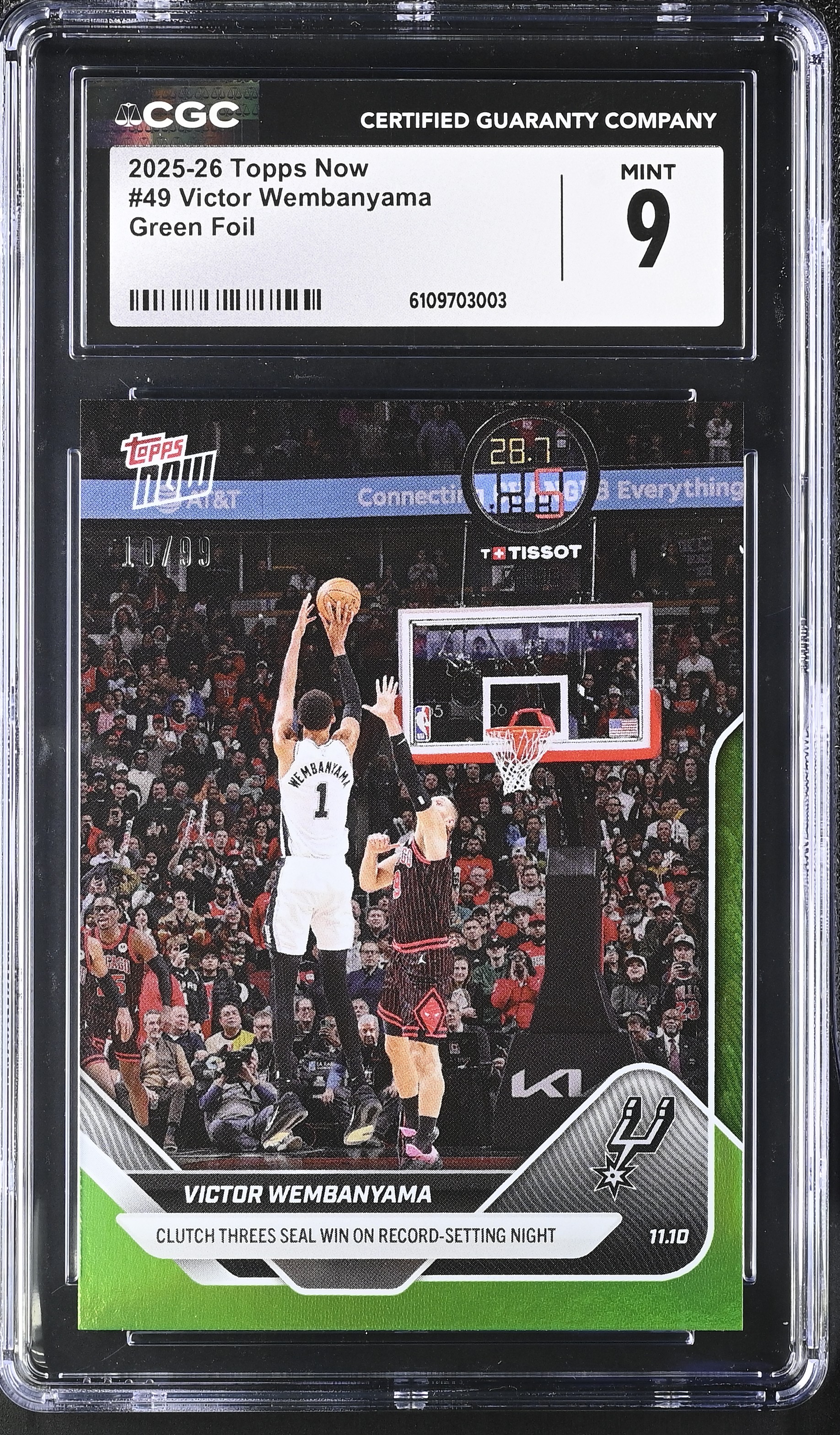 Victor Wembanyama 2025-26 Topps Now Green Foil #49 #10/99 (CGC 9) at PristineAuction.com Victor Wembanyama 2025-26 Topps Now Green Foil #49 #10/99 (CGC 9) at PristineAuction.com