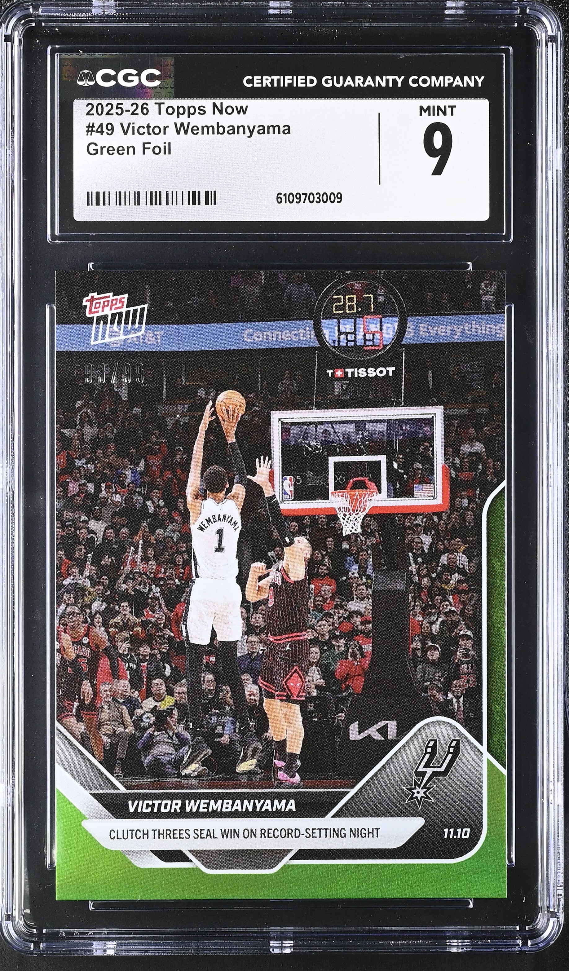 Victor Wembanyama 2025-26 Topps Now Green Foil #49 #93/99 (CGC 9) at PristineAuction.com Victor Wembanyama 2025-26 Topps Now Green Foil #49 #93/99 (CGC 9) at PristineAuction.com