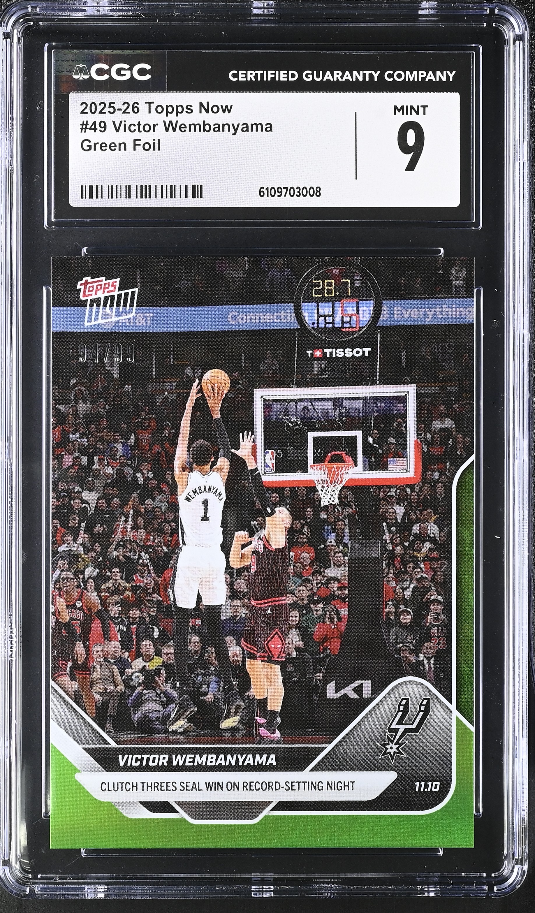 Victor Wembanyama 2025-26 Topps Now Green Foil #49 #94/99 (CGC 9) at PristineAuction.com Victor Wembanyama 2025-26 Topps Now Green Foil #49 #94/99 (CGC 9) at PristineAuction.com