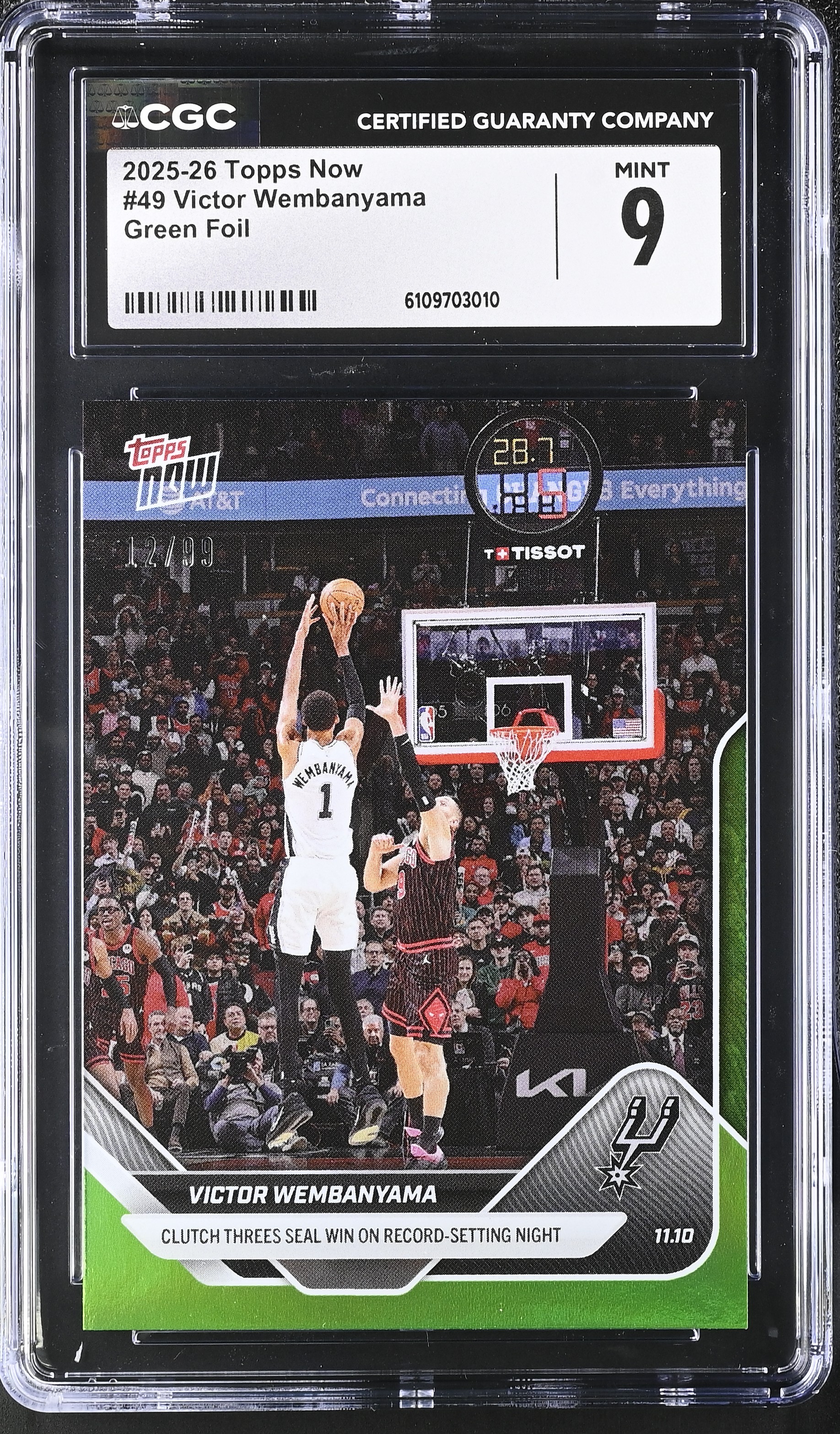 Victor Wembanyama 2025-26 Topps Now Green Foil #49 #12/99 (CGC 9) at PristineAuction.com Victor Wembanyama 2025-26 Topps Now Green Foil #49 #12/99 (CGC 9) at PristineAuction.com