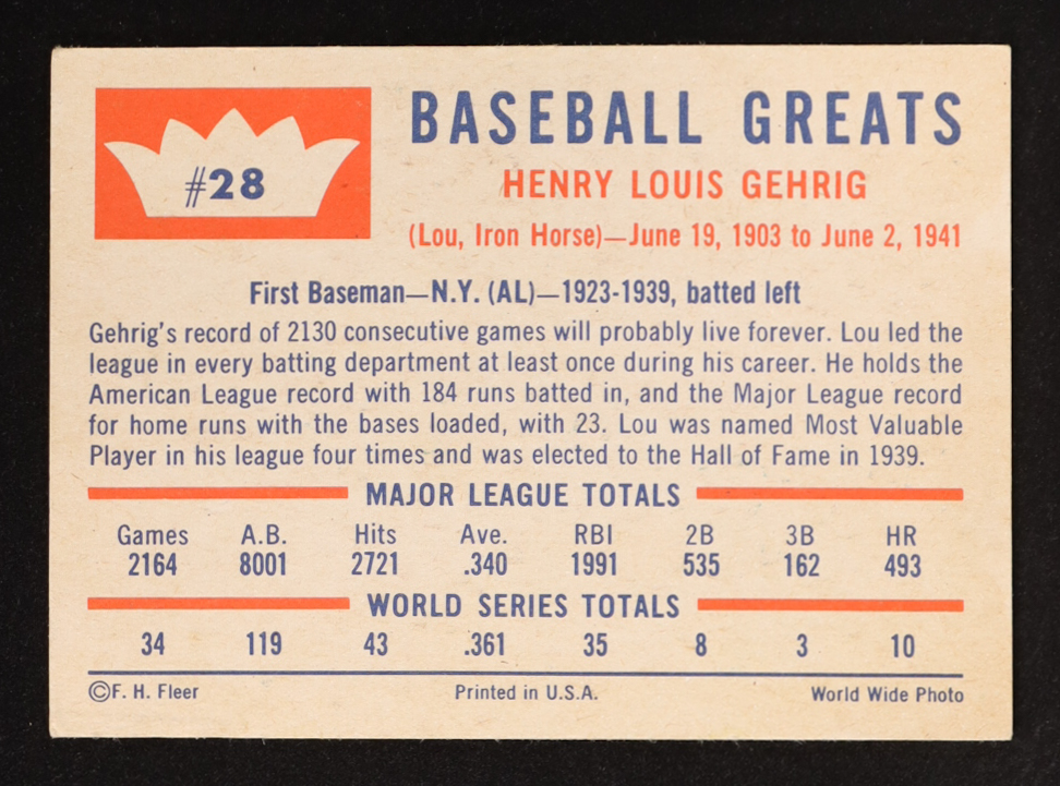 Lou Gehrig 1960 Fleer #28 at PristineAuction.com Lou Gehrig 1960 Fleer #28 at PristineAuction.com