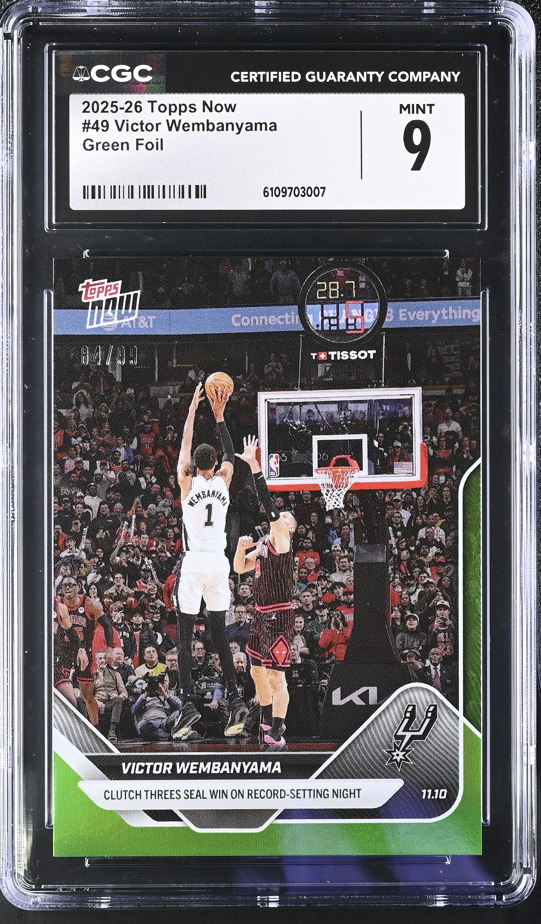 Victor Wembanyama 2025-26 Topps Now Green Foil #49 #84/99 (CGC 9) at PristineAuction.com Victor Wembanyama 2025-26 Topps Now Green Foil #49 #84/99 (CGC 9) at PristineAuction.com