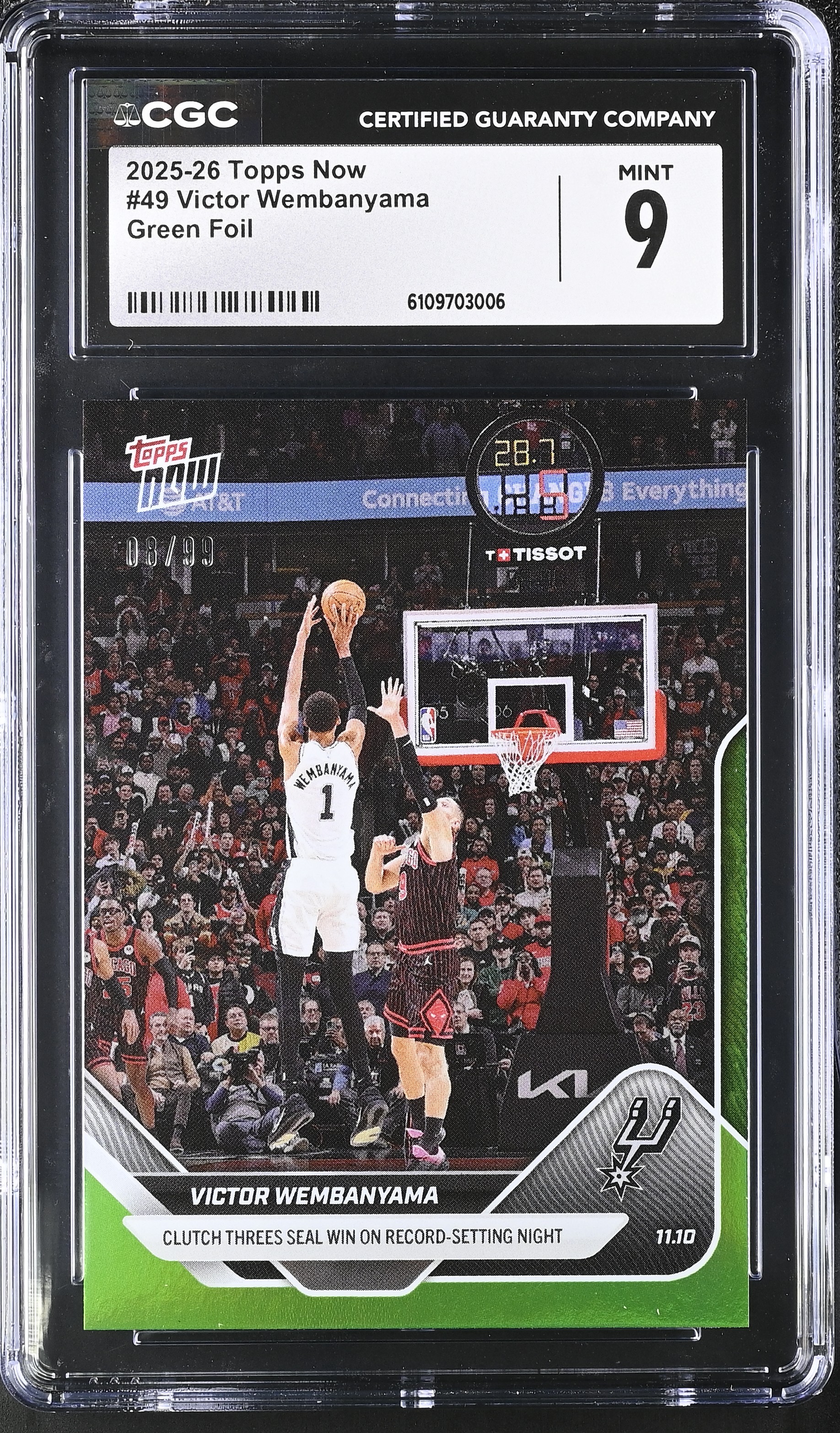 Victor Wembanyama 2025-26 Topps Now Green Foil #49 #08/99 (CGC 9) at PristineAuction.com Victor Wembanyama 2025-26 Topps Now Green Foil #49 #08/99 (CGC 9) at PristineAuction.com