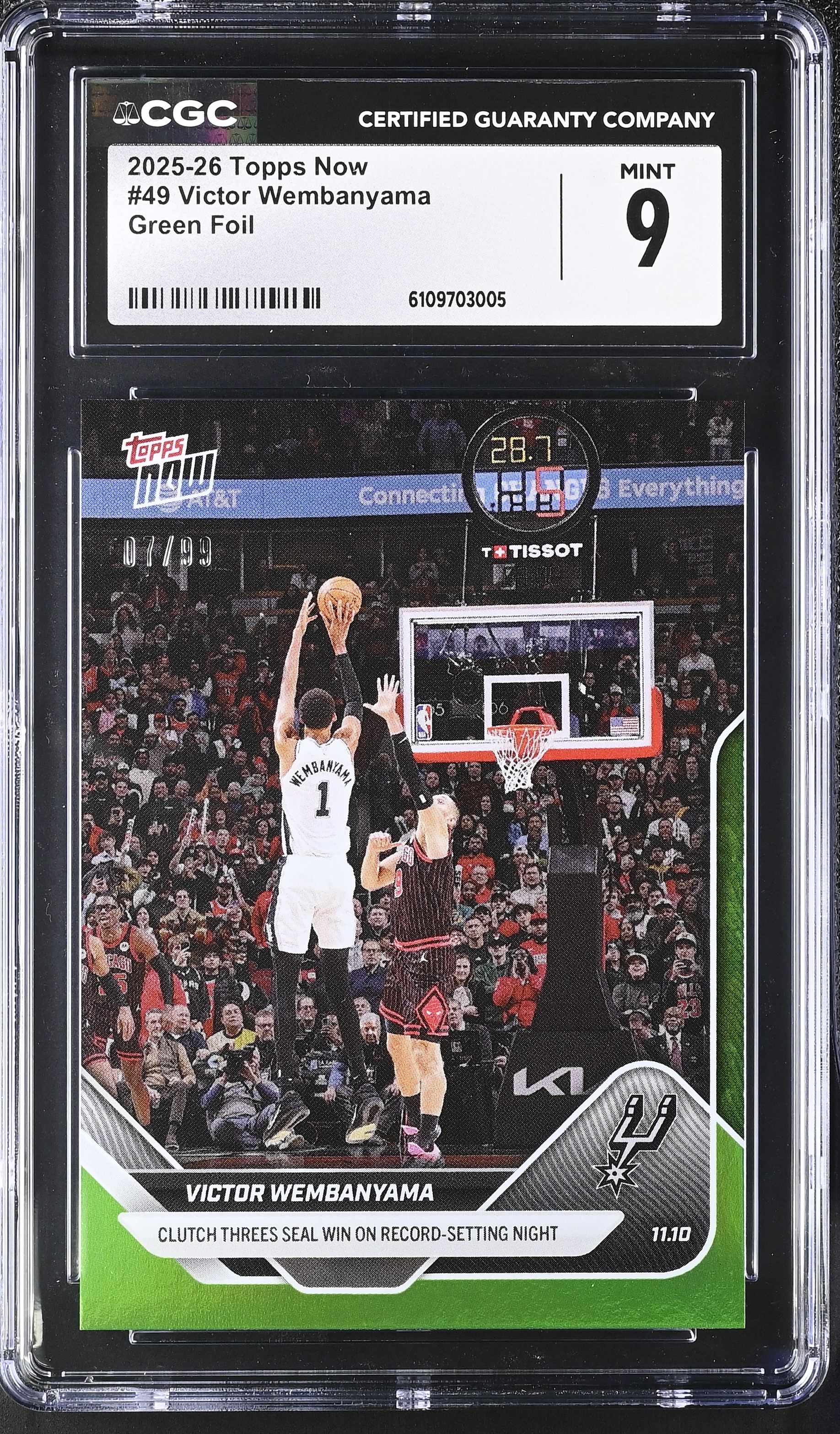 Victor Wembanyama 2025-26 Topps Now Green Foil #49 #07/99 (CGC 9) at PristineAuction.com Victor Wembanyama 2025-26 Topps Now Green Foil #49 #07/99 (CGC 9) at PristineAuction.com