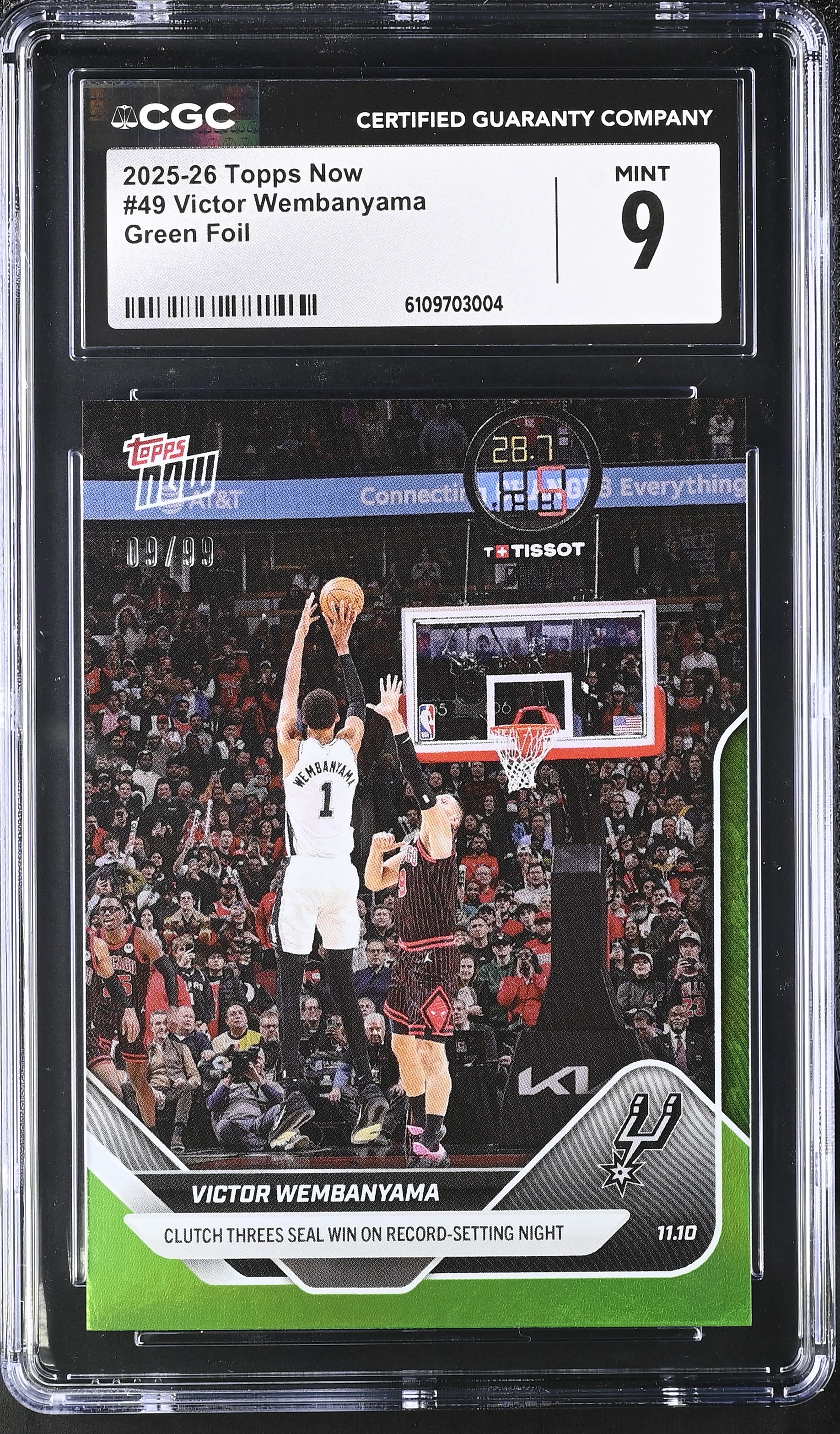 Victor Wembanyama 2025-26 Topps Now Green Foil #49 #09/99 (CGC 9) at PristineAuction.com Victor Wembanyama 2025-26 Topps Now Green Foil #49 #09/99 (CGC 9) at PristineAuction.com