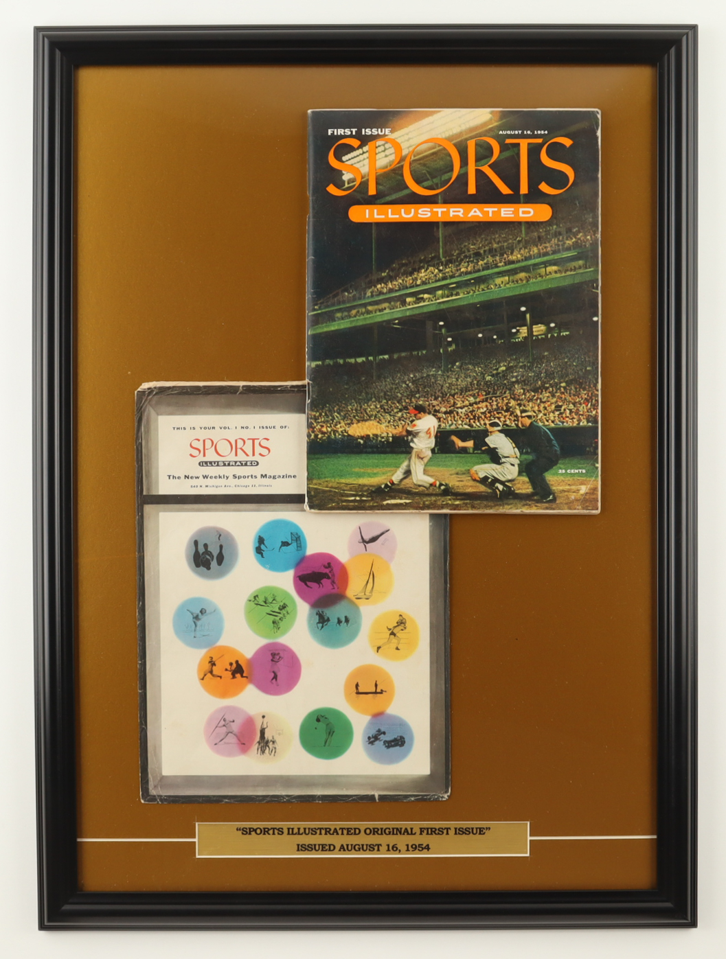 1954 First Issue "Sports Illustrated" Custom Framed Magazine Display with Title Plaque & Mailing Envelope at PristineAuction.com 1954 First Issue "Sports Illustrated" Custom Framed Magazine Display with Title Plaque & Mailing Envelope at PristineAuction.com