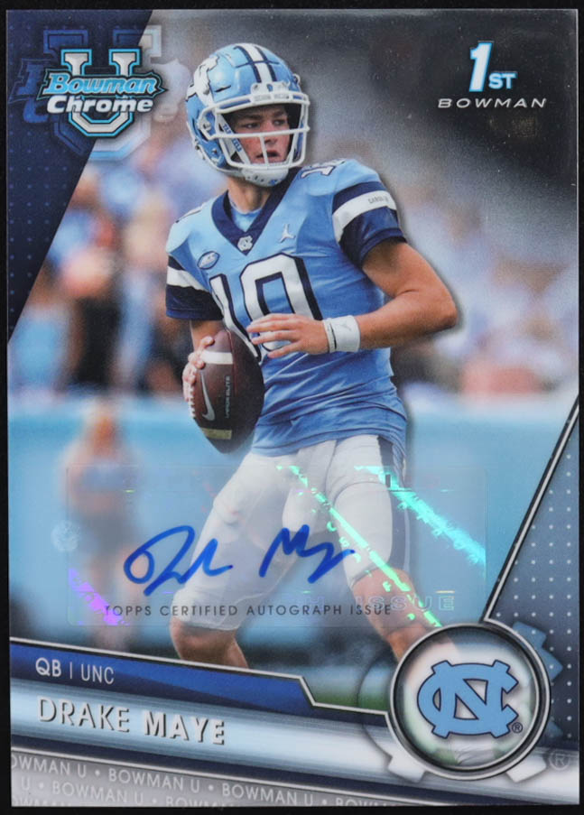 Drake Maye 2023 Bowman Chrome University Autographs #200 RC at PristineAuction.com Drake Maye 2023 Bowman Chrome University Autographs #200 RC at PristineAuction.com