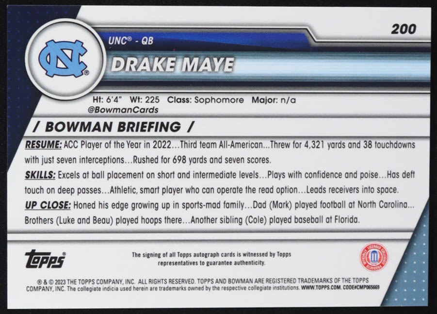 Drake Maye 2023 Bowman Chrome University Autographs #200 RC at PristineAuction.com Drake Maye 2023 Bowman Chrome University Autographs #200 RC at PristineAuction.com