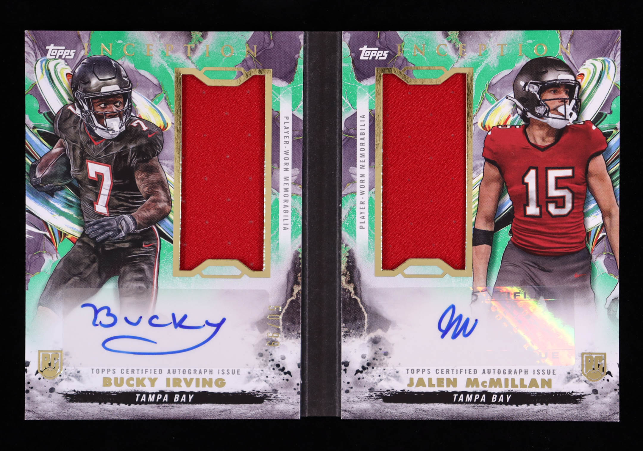 Bucky Irving / Jalen McMillan 2024 Topps Inception Dual Autograph Relic Booklets Green #DRRBCIM #50/99 RC at PristineAuction.com Bucky Irving / Jalen McMillan 2024 Topps Inception Dual Autograph Relic Booklets Green #DRRBCIM #50/99 RC at PristineAuction.com
