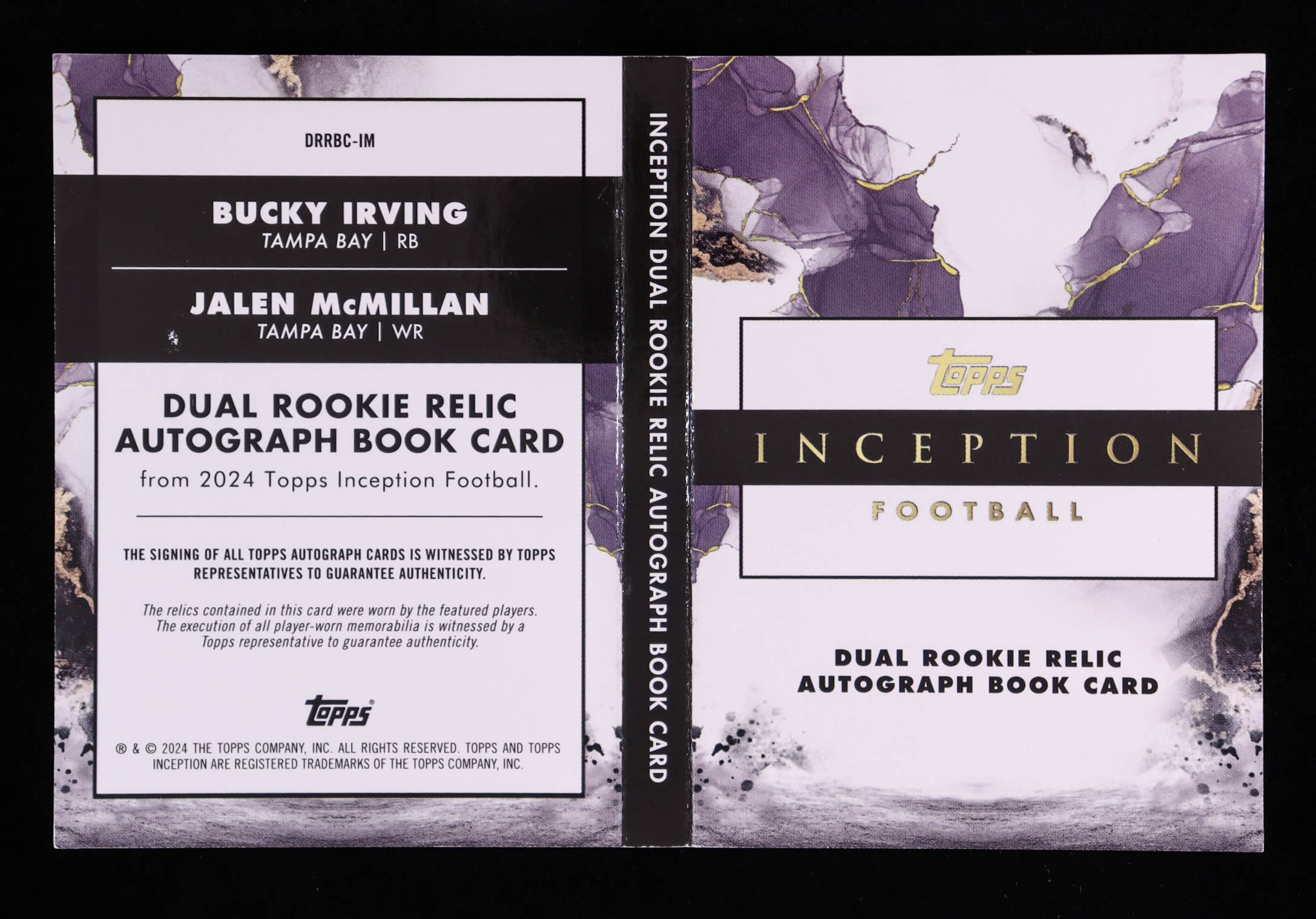 Bucky Irving / Jalen McMillan 2024 Topps Inception Dual Autograph Relic Booklets Green #DRRBCIM #50/99 RC at PristineAuction.com Bucky Irving / Jalen McMillan 2024 Topps Inception Dual Autograph Relic Booklets Green #DRRBCIM #50/99 RC at PristineAuction.com