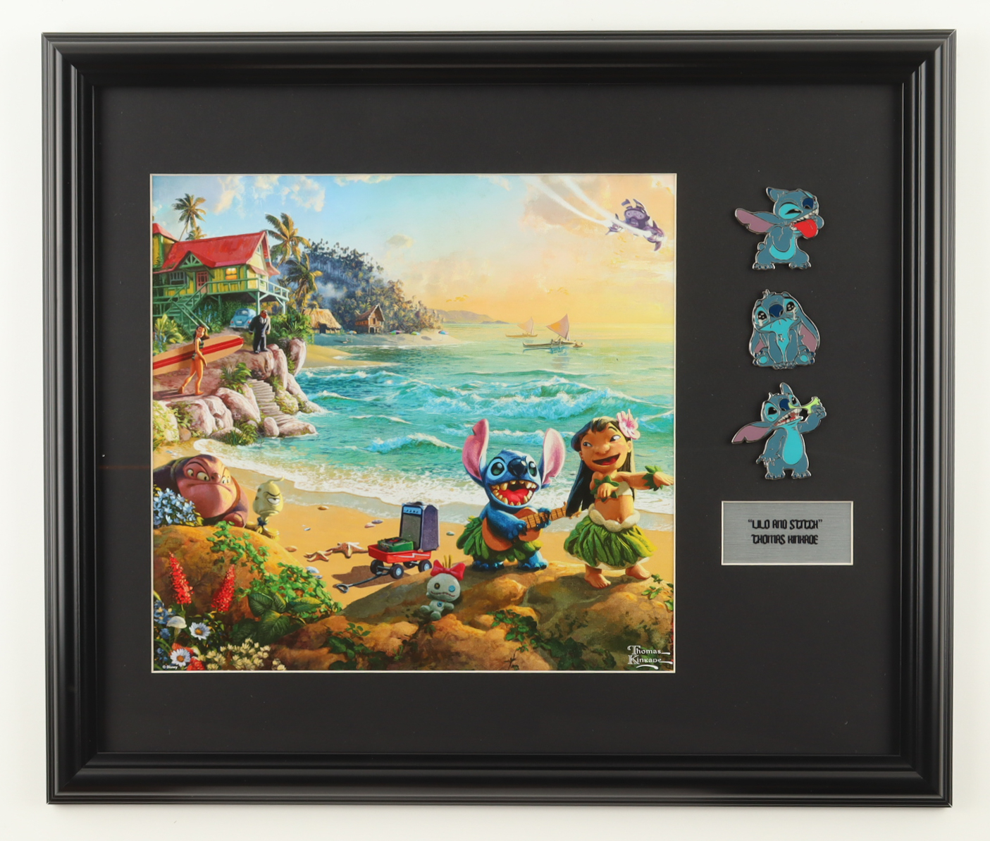 Thomas Kinkade Walt Disney's "Lilo & Stitch" Custom Framed Print Display with (3) Stitch Pins at PristineAuction.com Thomas Kinkade Walt Disney's "Lilo & Stitch" Custom Framed Print Display with (3) Stitch Pins at PristineAuction.com