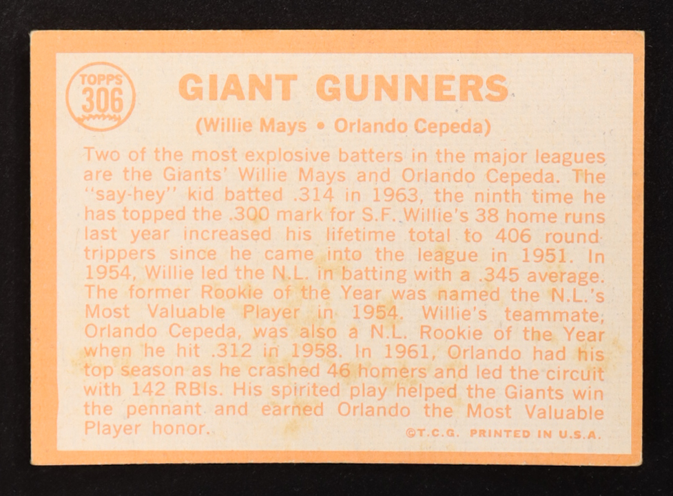 Willie Mays / Orlando Cepeda 1964 Topps Giant Gunners #306 at PristineAuction.com Willie Mays / Orlando Cepeda 1964 Topps Giant Gunners #306 at PristineAuction.com